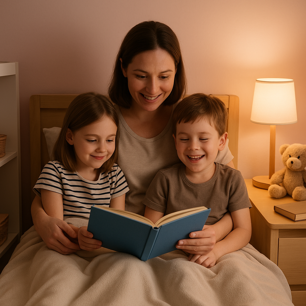 Family reading a bedtime story together in a device-free kids’ bedroom, replacing evening screen time with calm connection and better sleep habits.