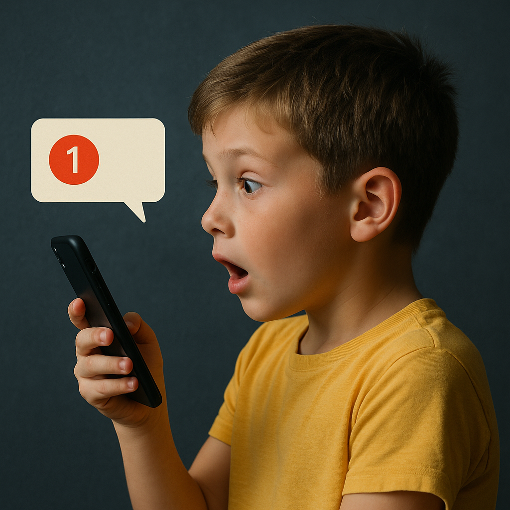 Close-up of young boy holding phone with red notification bubble, symbolizing the impact of reward-rich screen time on kids’ focus, mood, and sleep