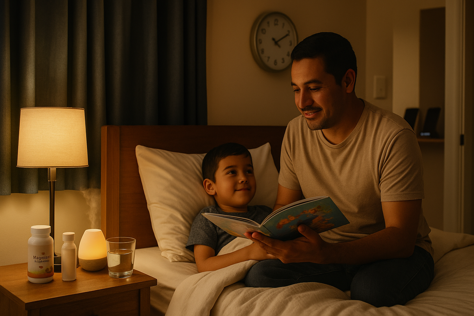 Screen-free bedtime routine: father reads to son with lamp and diffuser for calm, better kids’ sleep