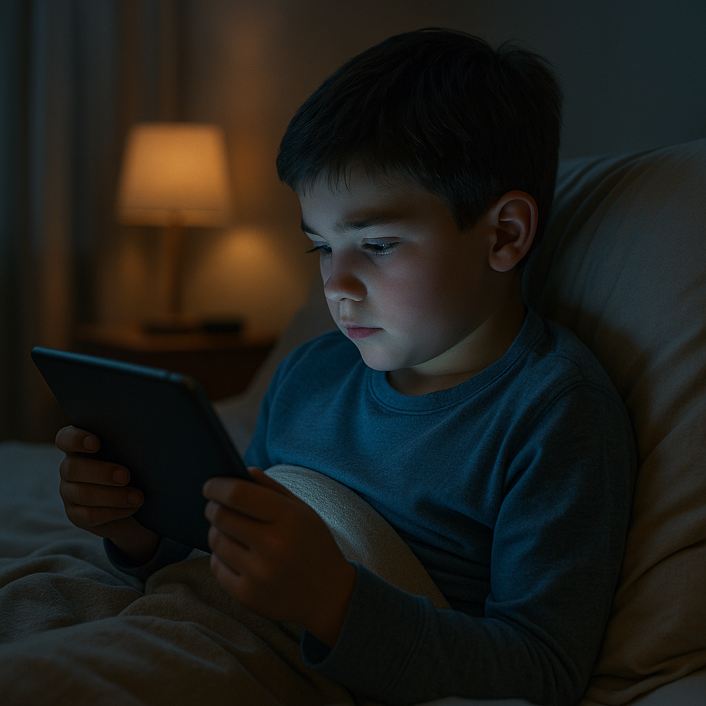 Boy using a tablet in bed at night with blue light; screen time before sleep and kids’ bedtime routine for healthier sleep.