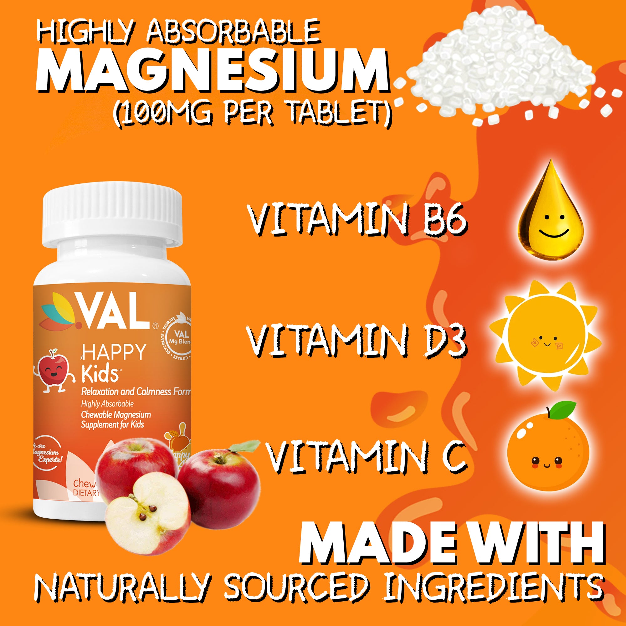 VAL Happy Kids Chewable Magnesium for Kids - Happy Apple Flavor Relaxation and Calm Formula - 60 Chewable Tablets