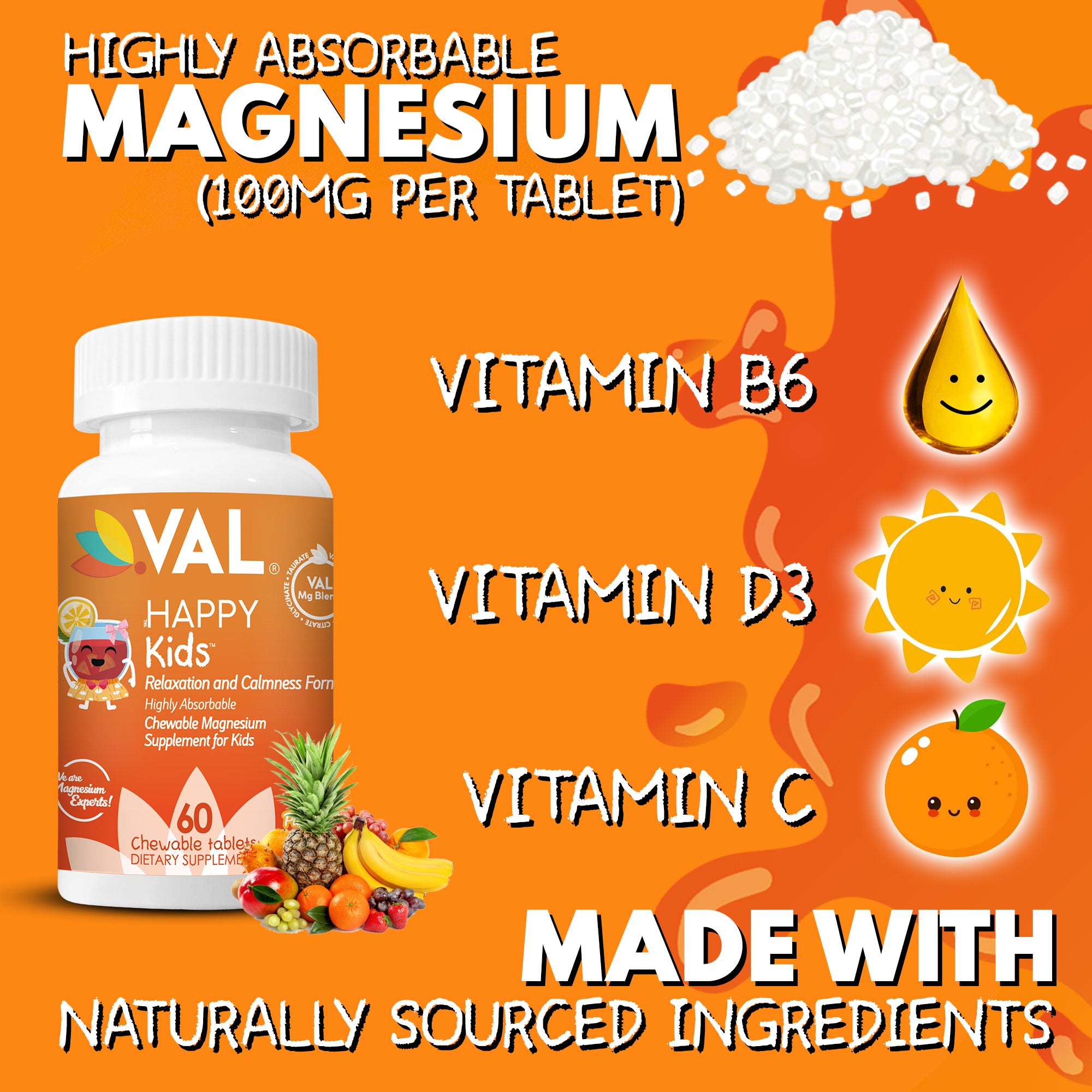 VAL Happy Kids Chewable Magnesium for Kids - Fruit Punch Flavor Relaxation and Calm Formula - 60 Chewable Tablets