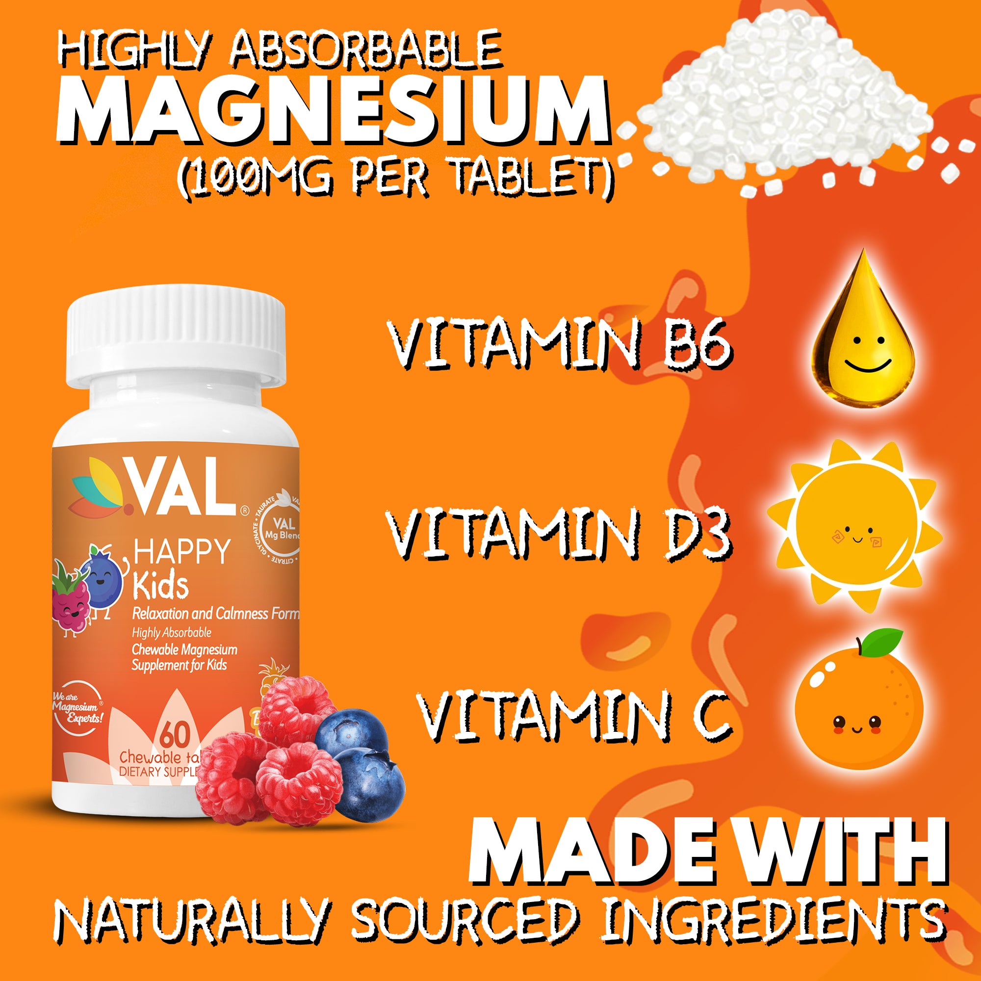 Calm, Focus & Relaxation Sugar-Free Chewable Magnesium for Kids | 60 Tablets | VAL Happy Kids | Berrylicious