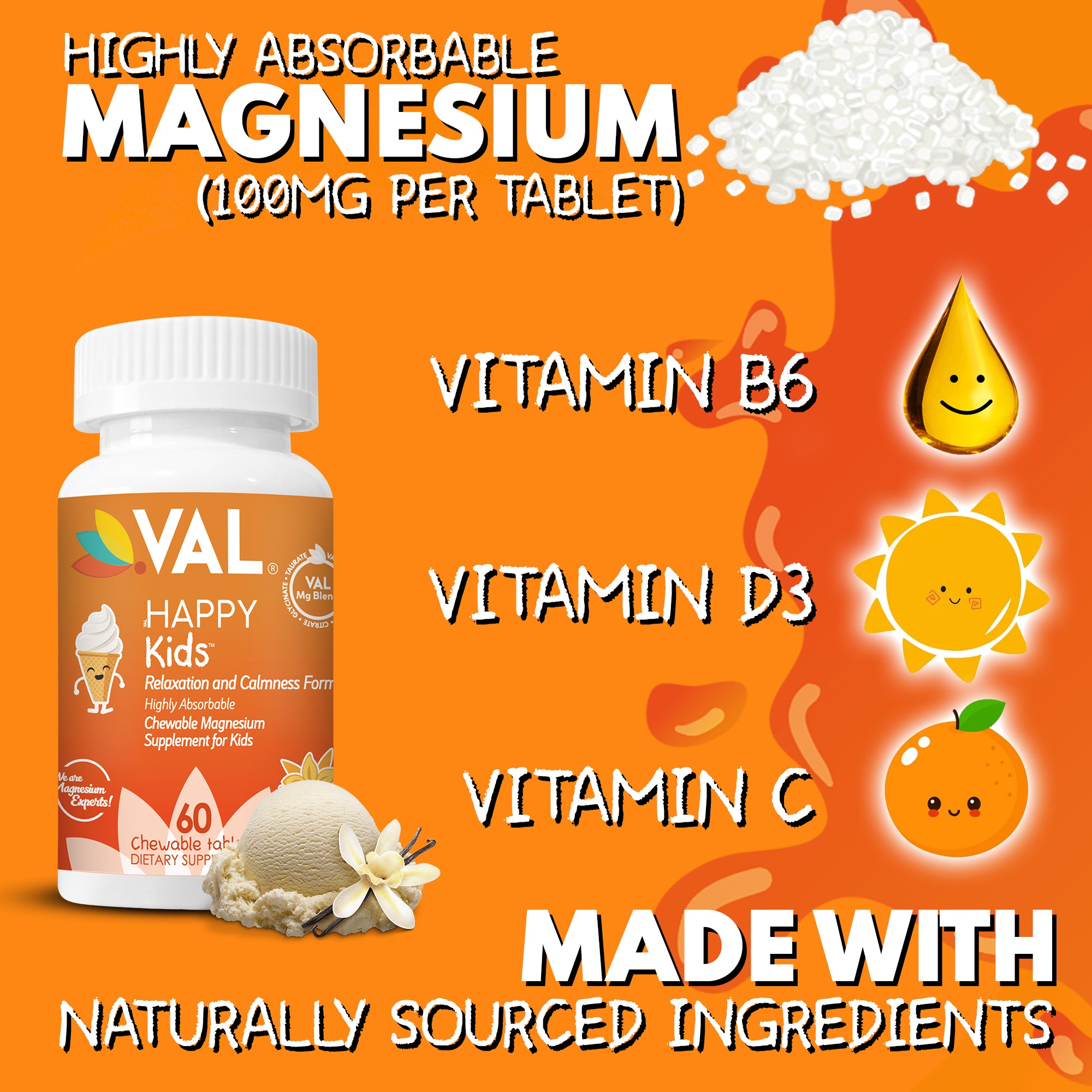 VAL Happy Kids Chewable Magnesium for Kids - Vanilla Sundae Flavor Relaxation and Calm Formula - 60 Chewable Tablets