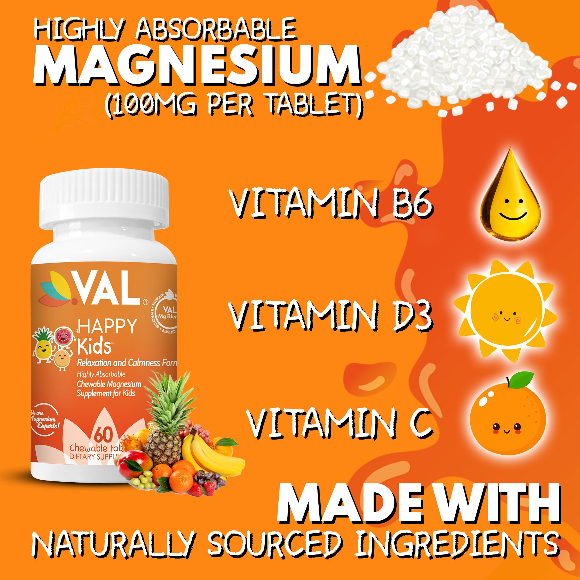 VAL Happy Kids Chewable Magnesium for Kids - Tropical Twist Delight Flavor Relaxation and Calm Formula - 60 Chewable Tablets