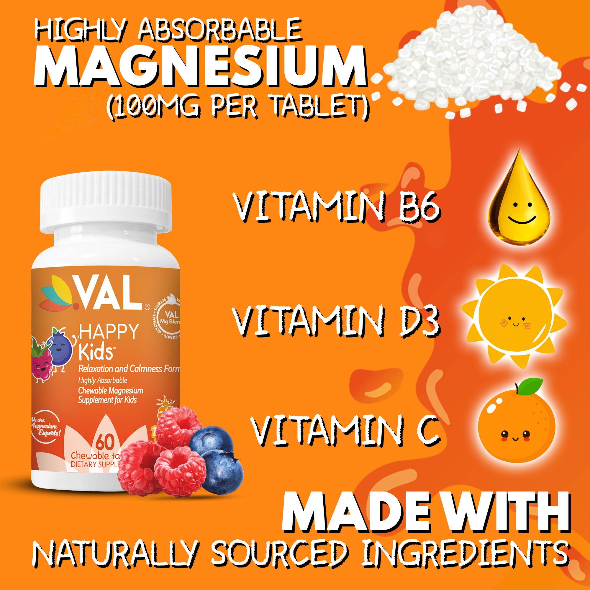 VAL Happy Kids Chewable Magnesium Supplement for Kids – Relaxation and Calm Formula | 60 Chewable Tablets