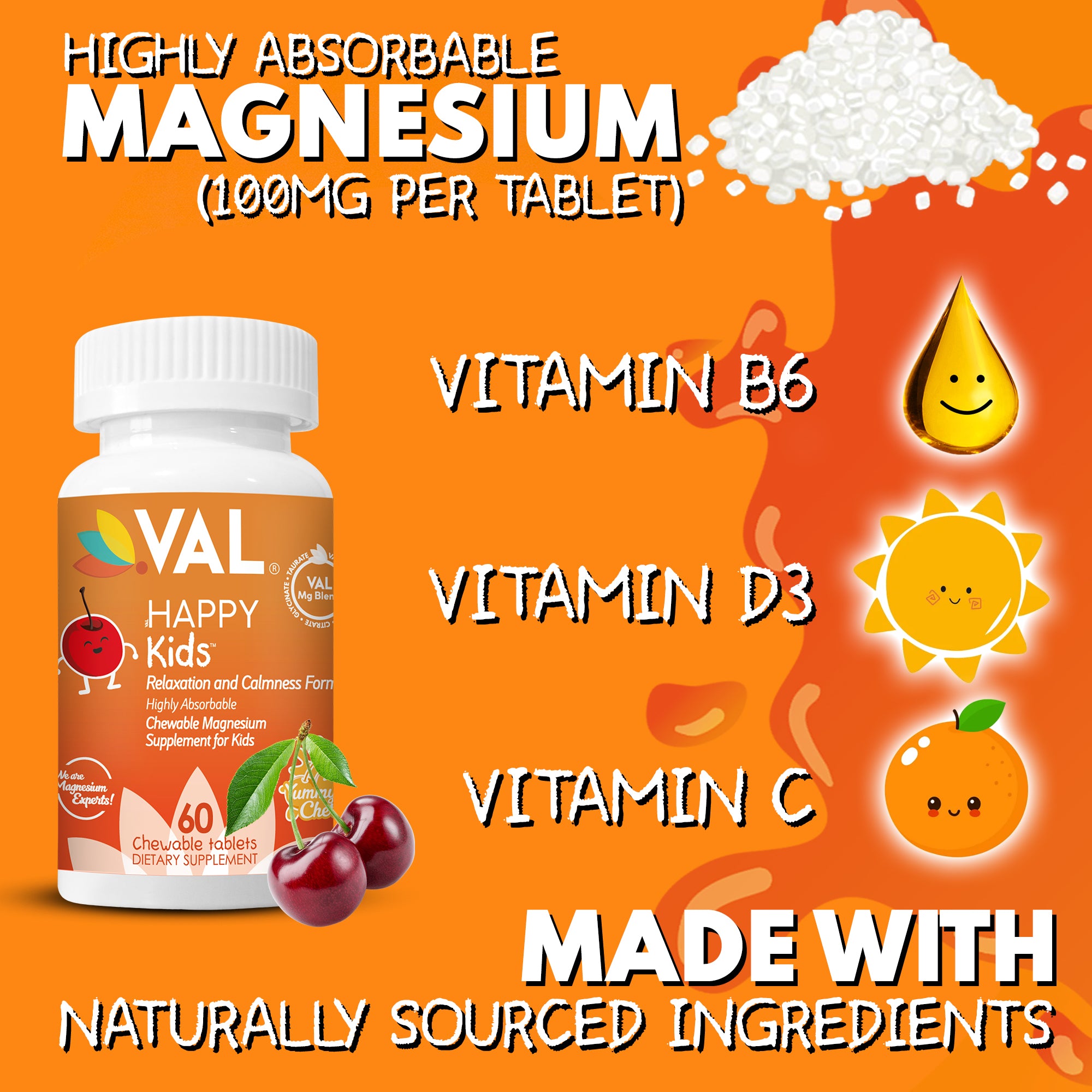 VAL Happy Kids Chewable Magnesium for Kids - Yummy Cherry Flavor Relaxation and Calm Formula - 60 Chewable Tablets