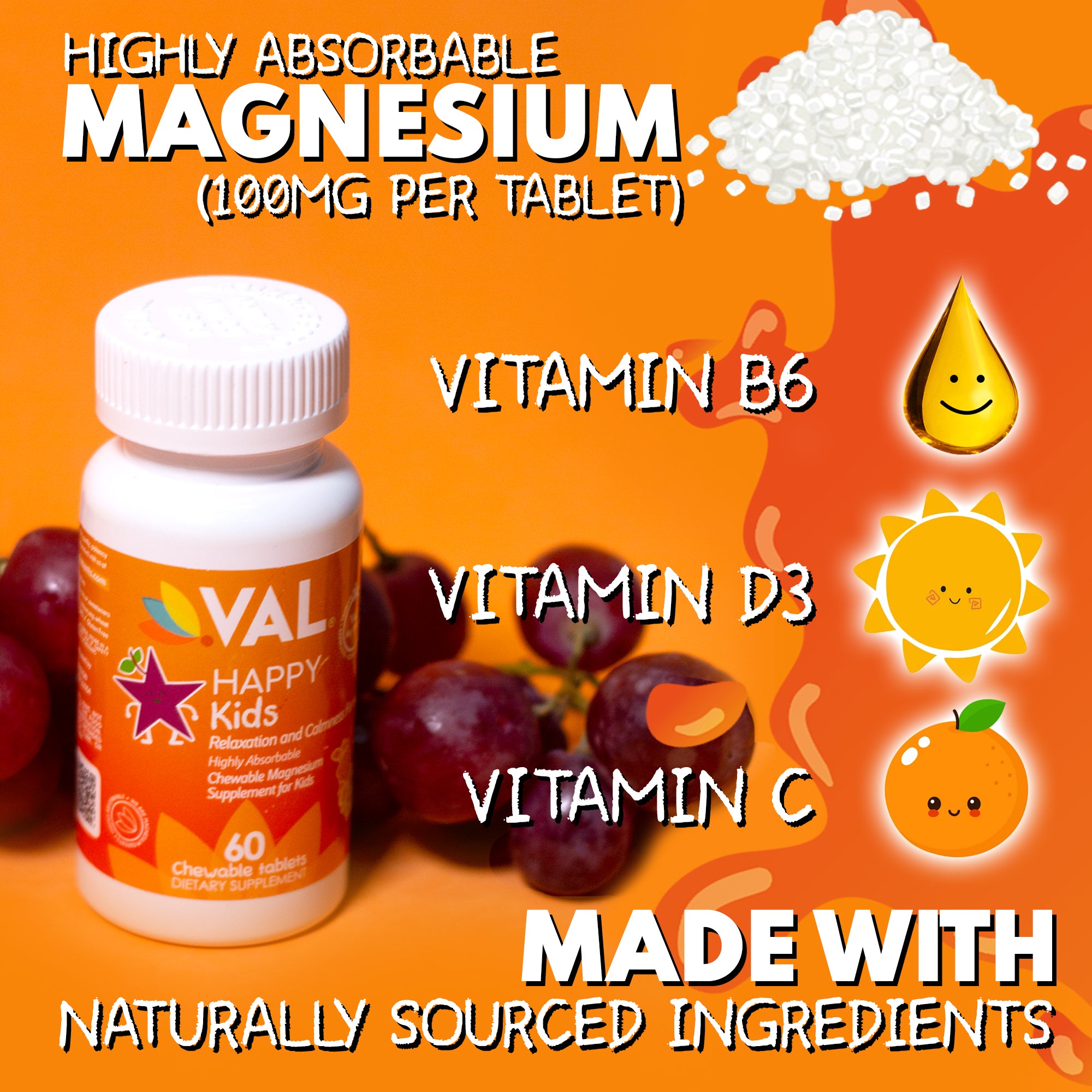 Calm, Focus & Relaxation Sugar-Free Chewable Magnesium for Kids | 60 Tablets | VAL Happy Kids | Star Grape