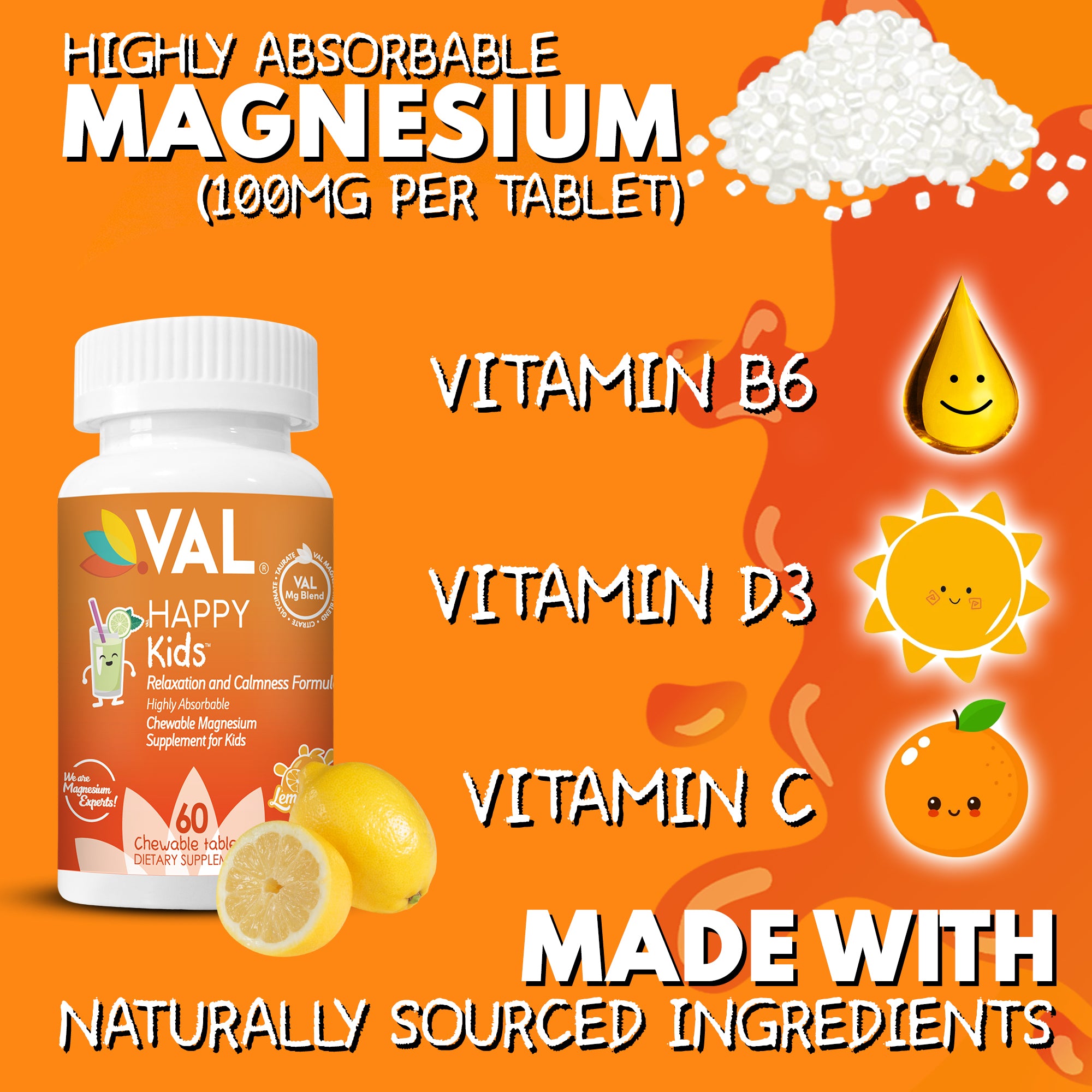 VAL Happy Kids Chewable Magnesium for Kids - Lemonade Splash Flavor Relaxation and Calm Formula - 60 Chewable Tablets