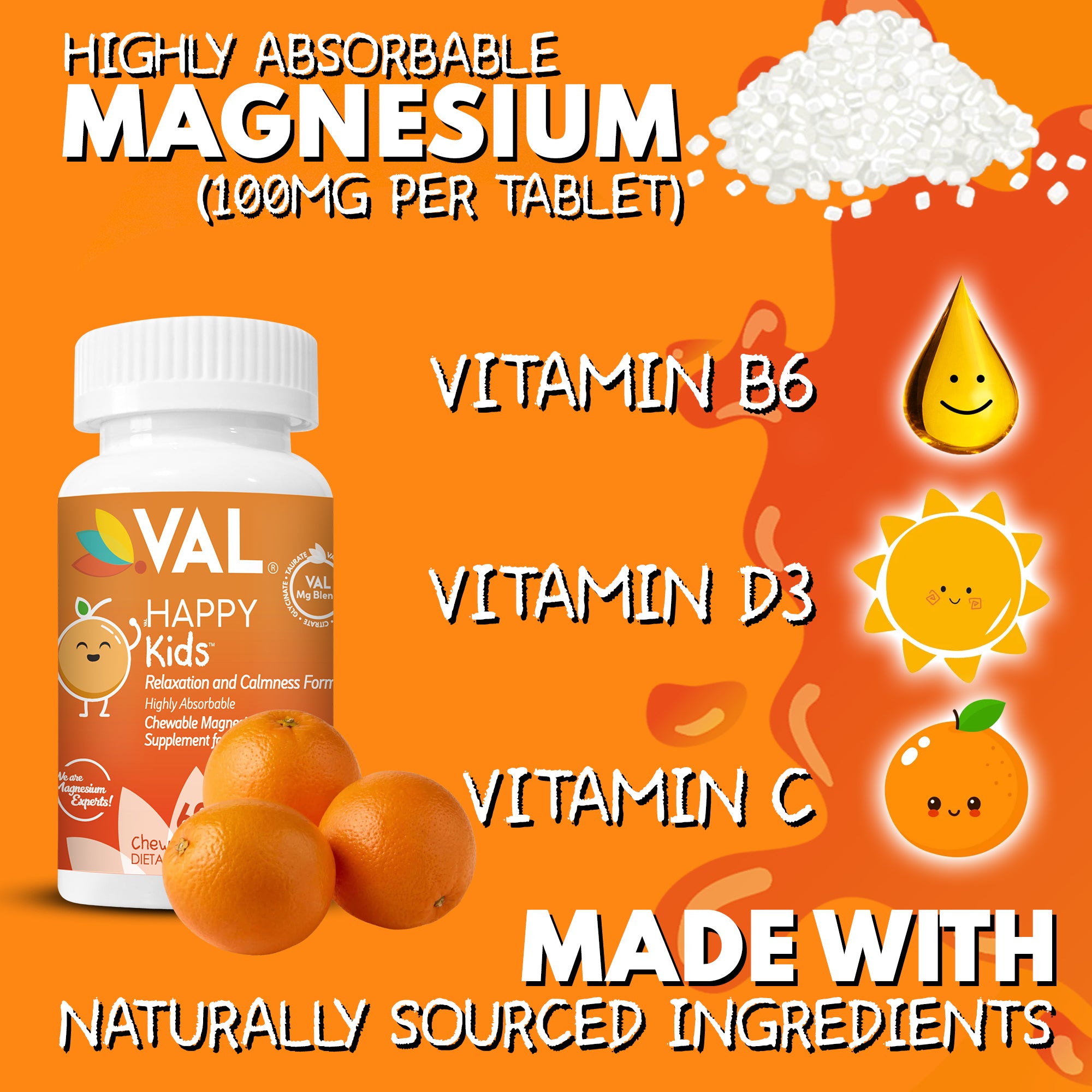 Calm, Focus & Relaxation Sugar-Free Chewable Magnesium for Kids | 60 Tablets | VAL Happy | Sour Orange