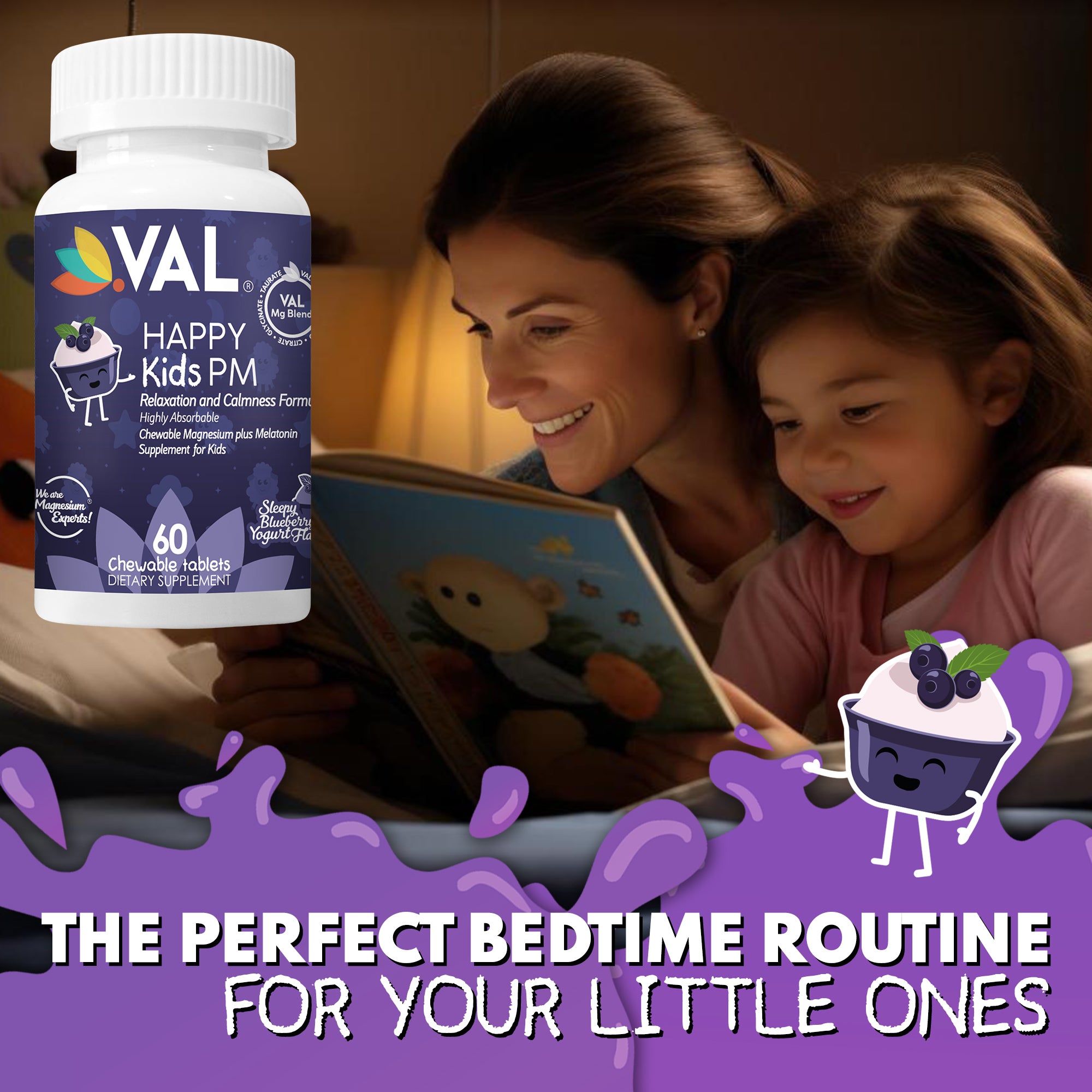 Peaceful Sleep & Bedtime Calm Sugar-Free Chewable – Magnesium + Melatonin, Vitamin B6 & C | 60 Tablets | VAL Happy Kids | Blueberry Yogurt.
