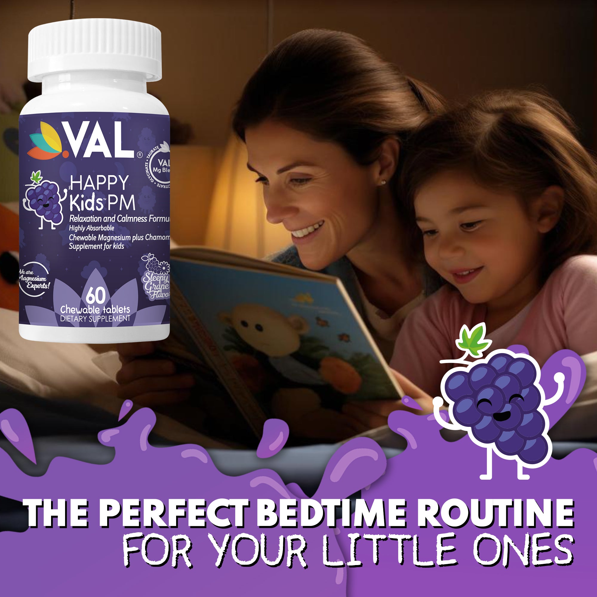 Peaceful Sleep & Bedtime Calm Sugar-Free Chewable – Magnesium + Chamomile | 60 Tablets | VAL Happy Kids