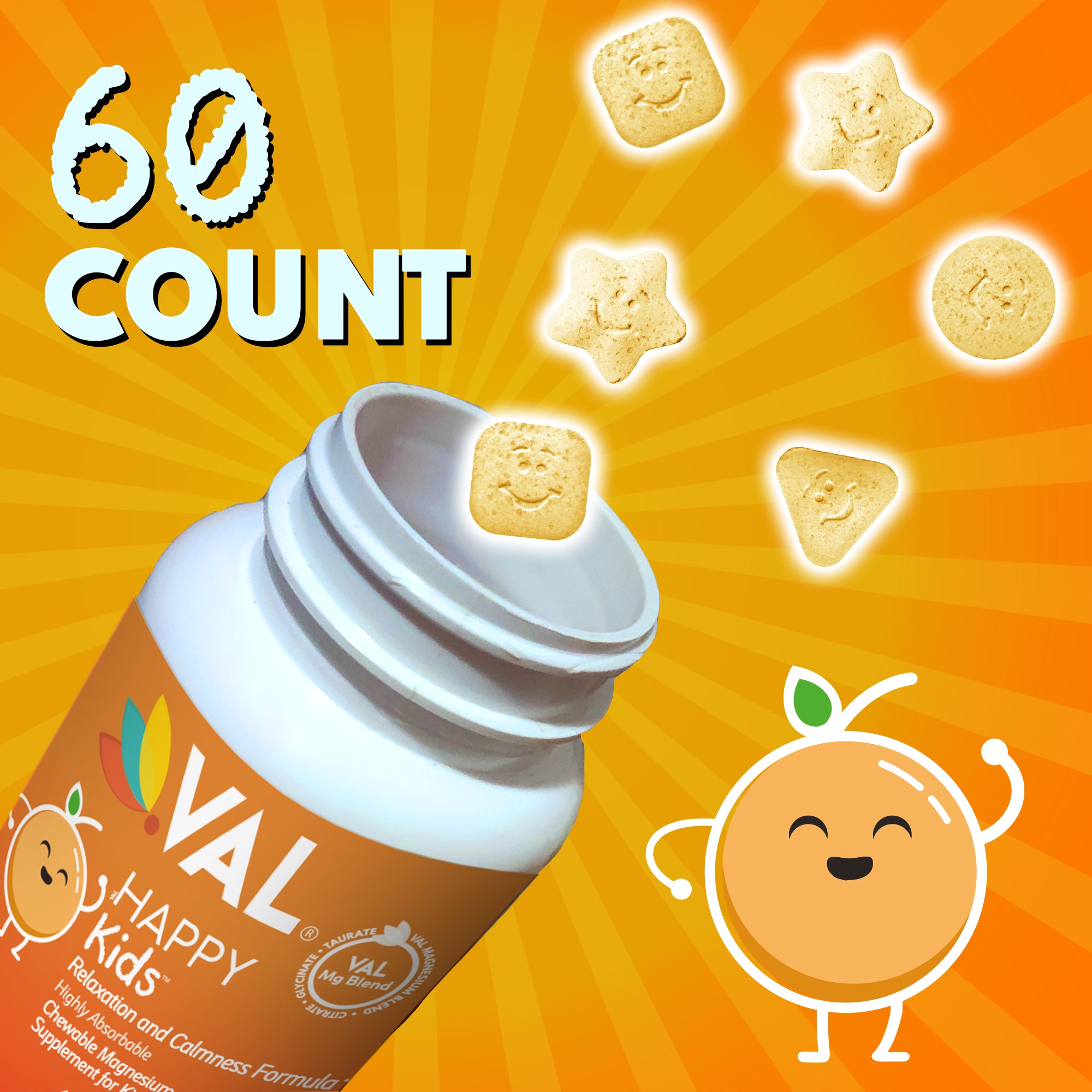 Calm, Focus & Relaxation Sugar-Free Chewable Magnesium for Kids | 60 Tablets | VAL Happy Kids