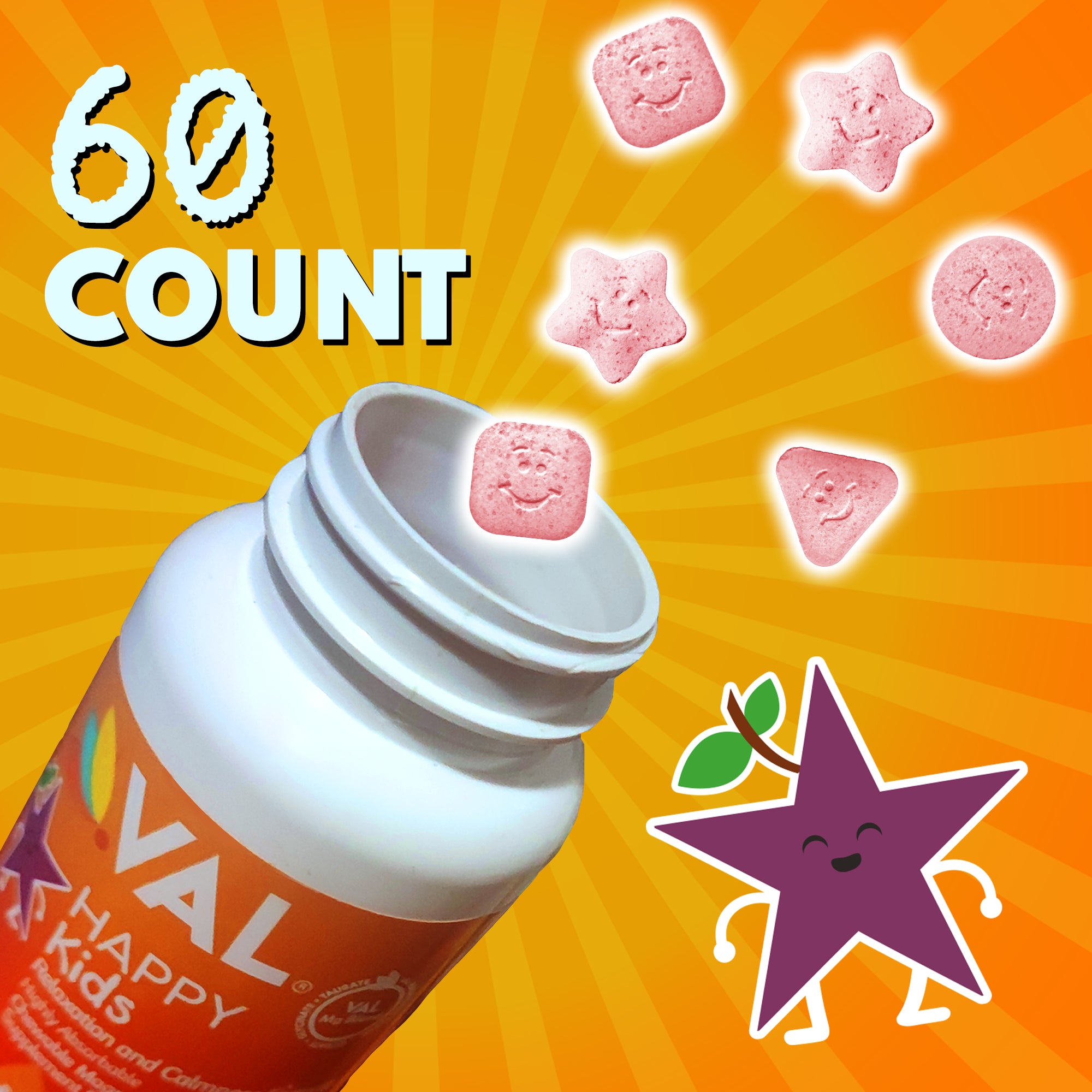 Calm, Focus & Relaxation Sugar-Free Chewable Magnesium for Kids | 60 Tablets | VAL Happy Kids | Star Grape