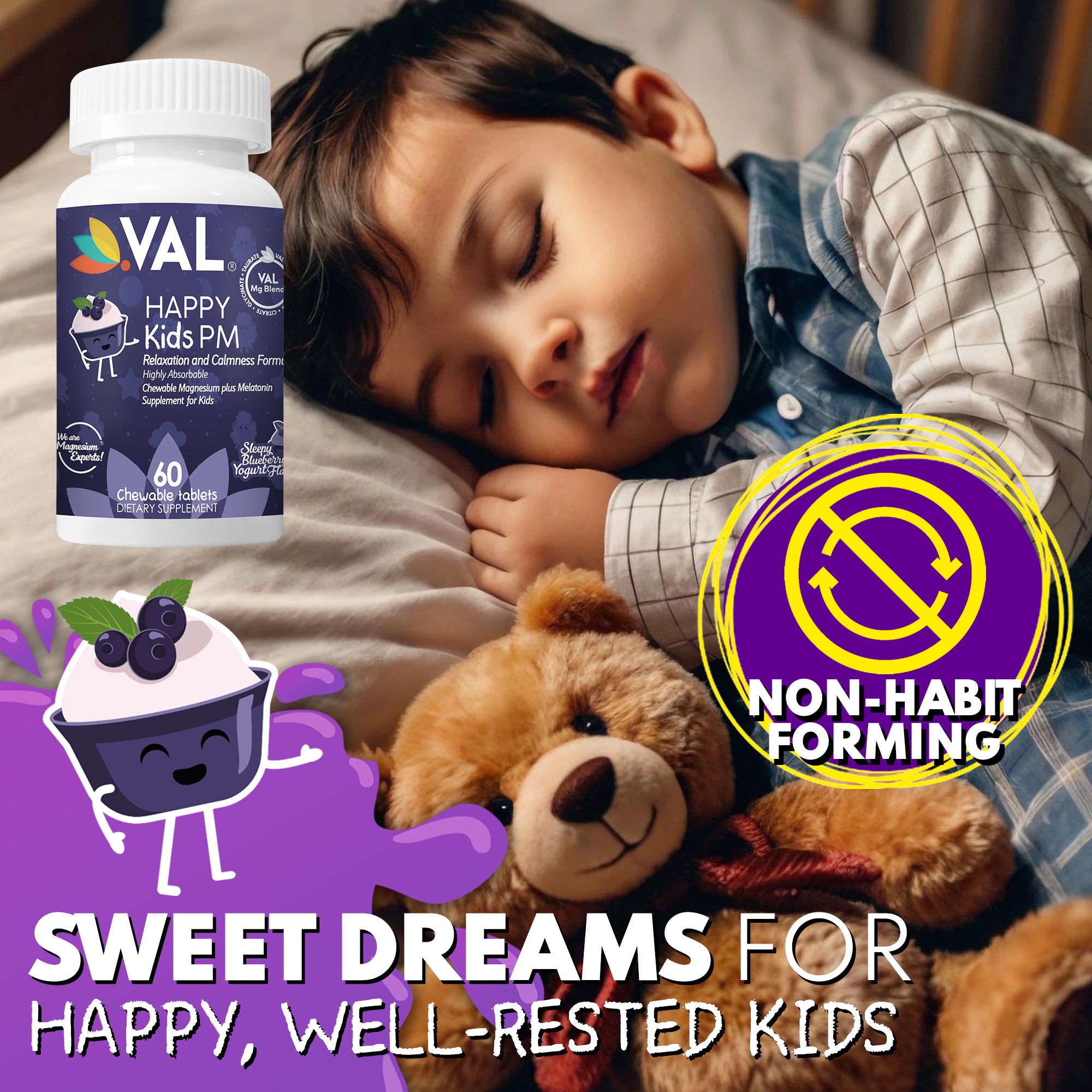 Peaceful Sleep & Bedtime Calm Sugar-Free Chewable – Magnesium + Melatonin, Vitamin B6 & C | 60 Tablets | VAL Happy Kids | Blueberry Yogurt