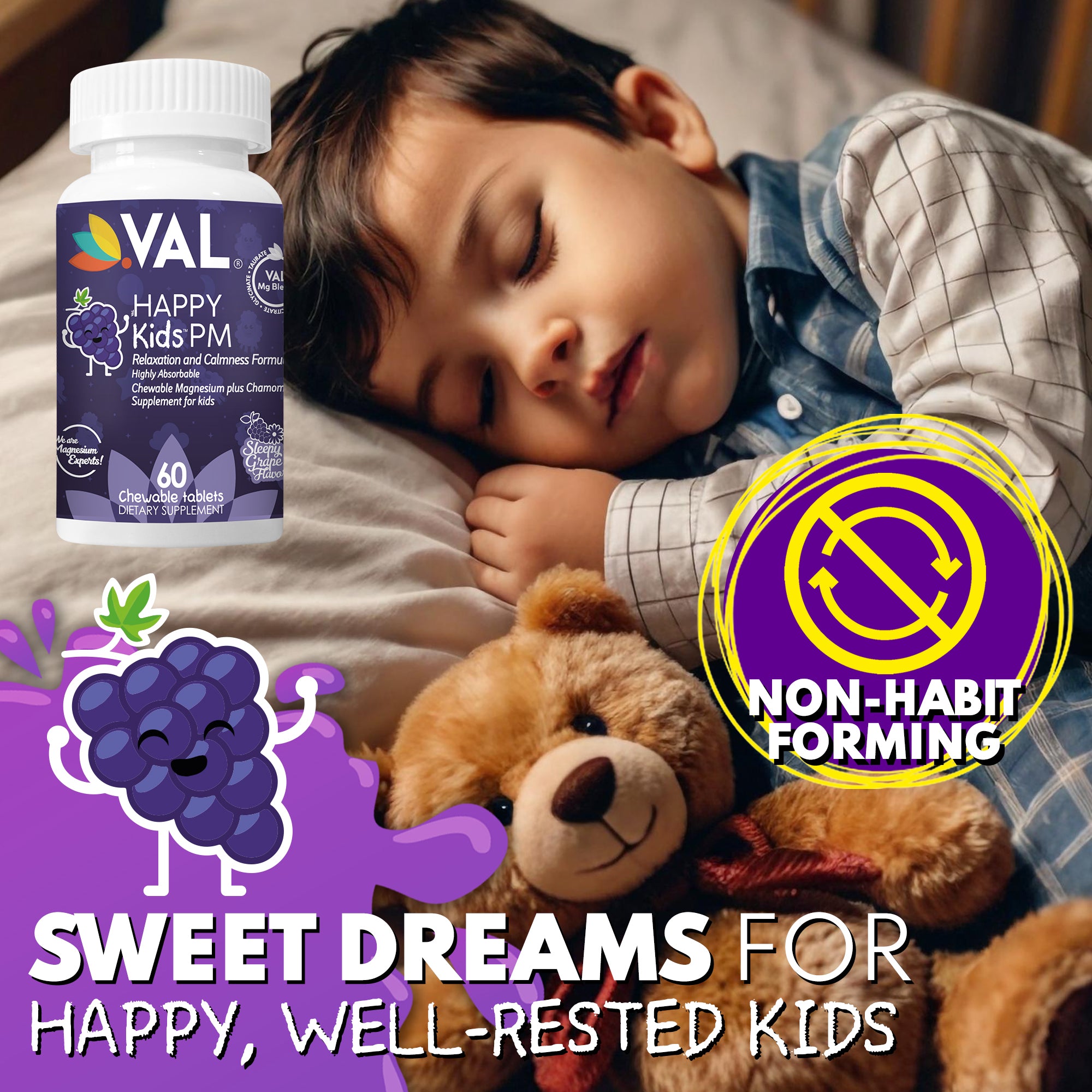 Peaceful Sleep & Bedtime Calm Sugar-Free Chewable – Magnesium + Chamomile | 60 Tablets | VAL Happy Kids