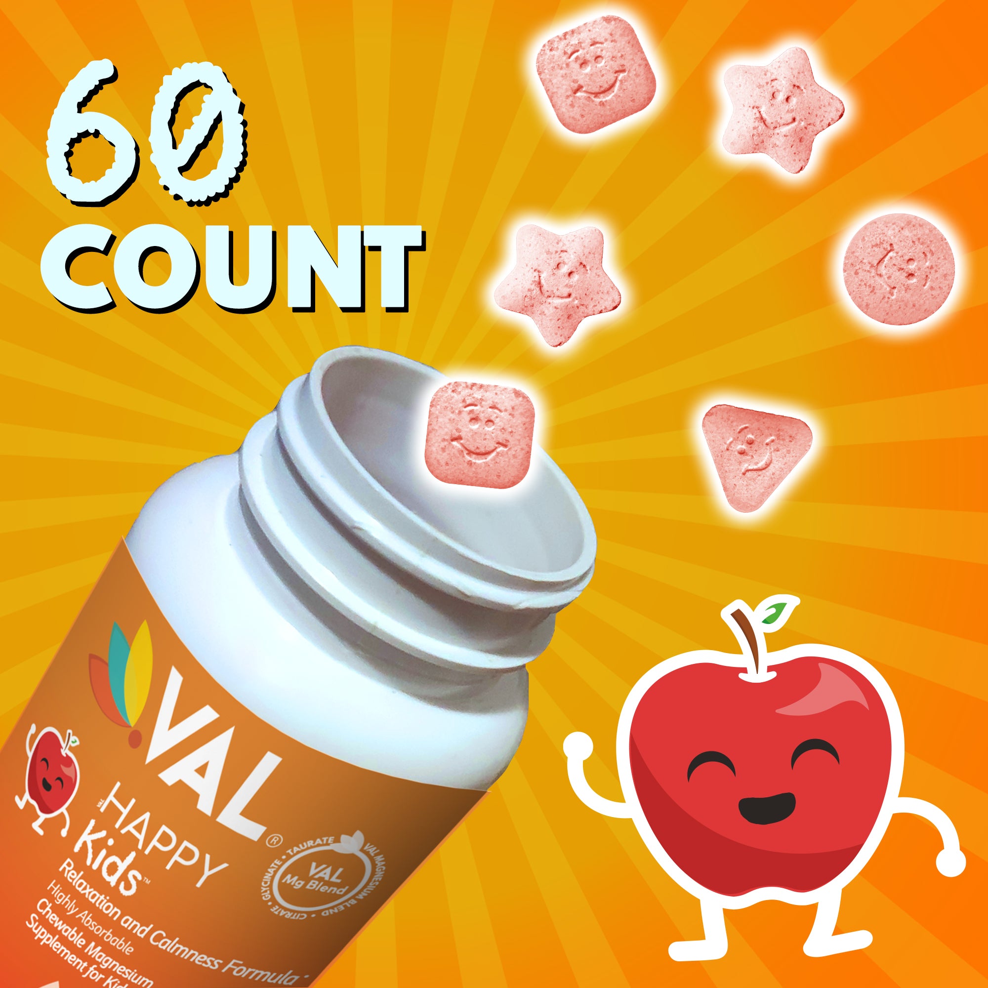 Calm, Focus & Relaxation Sugar-Free Chewable Magnesium for Kids | 60 Tablets | VAL Happy Kids | Apple