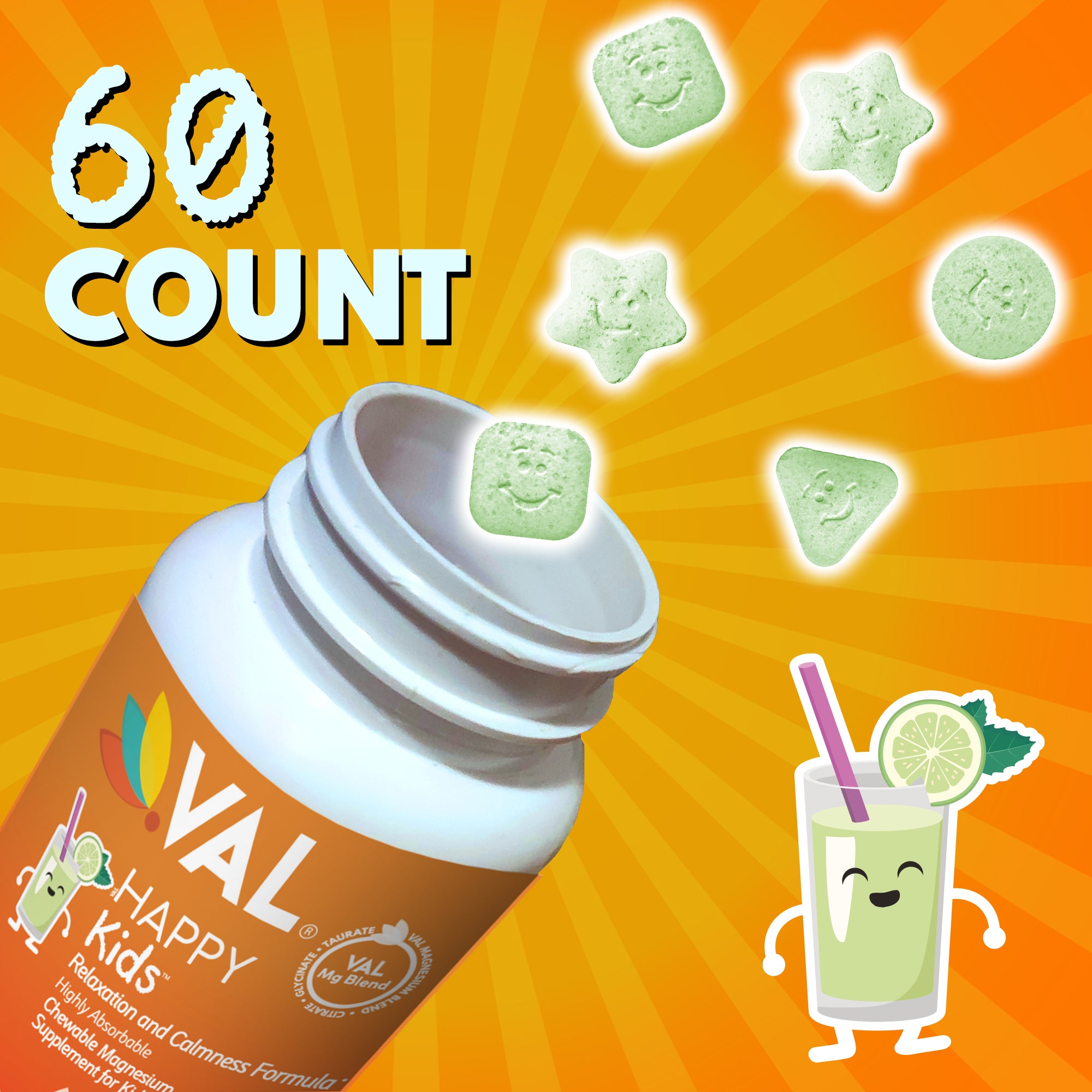 VAL Happy Kids Chewable Magnesium for Kids - Lemonade Splash Flavor Relaxation and Calm Formula - 60 Chewable Tablets