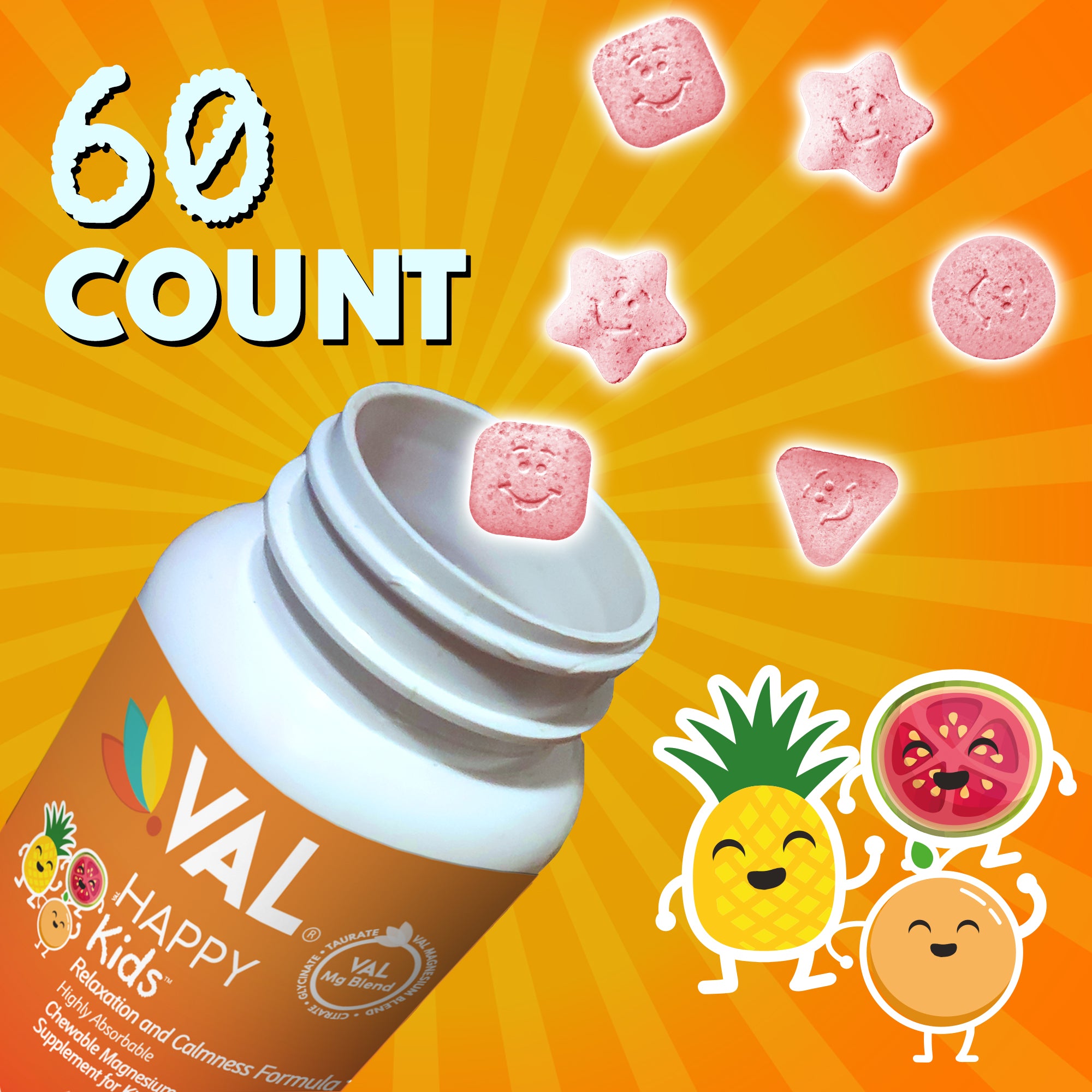 VAL Happy Kids Chewable Magnesium for Kids - Tropical Twist Delight Flavor Relaxation and Calm Formula - 60 Chewable Tablets