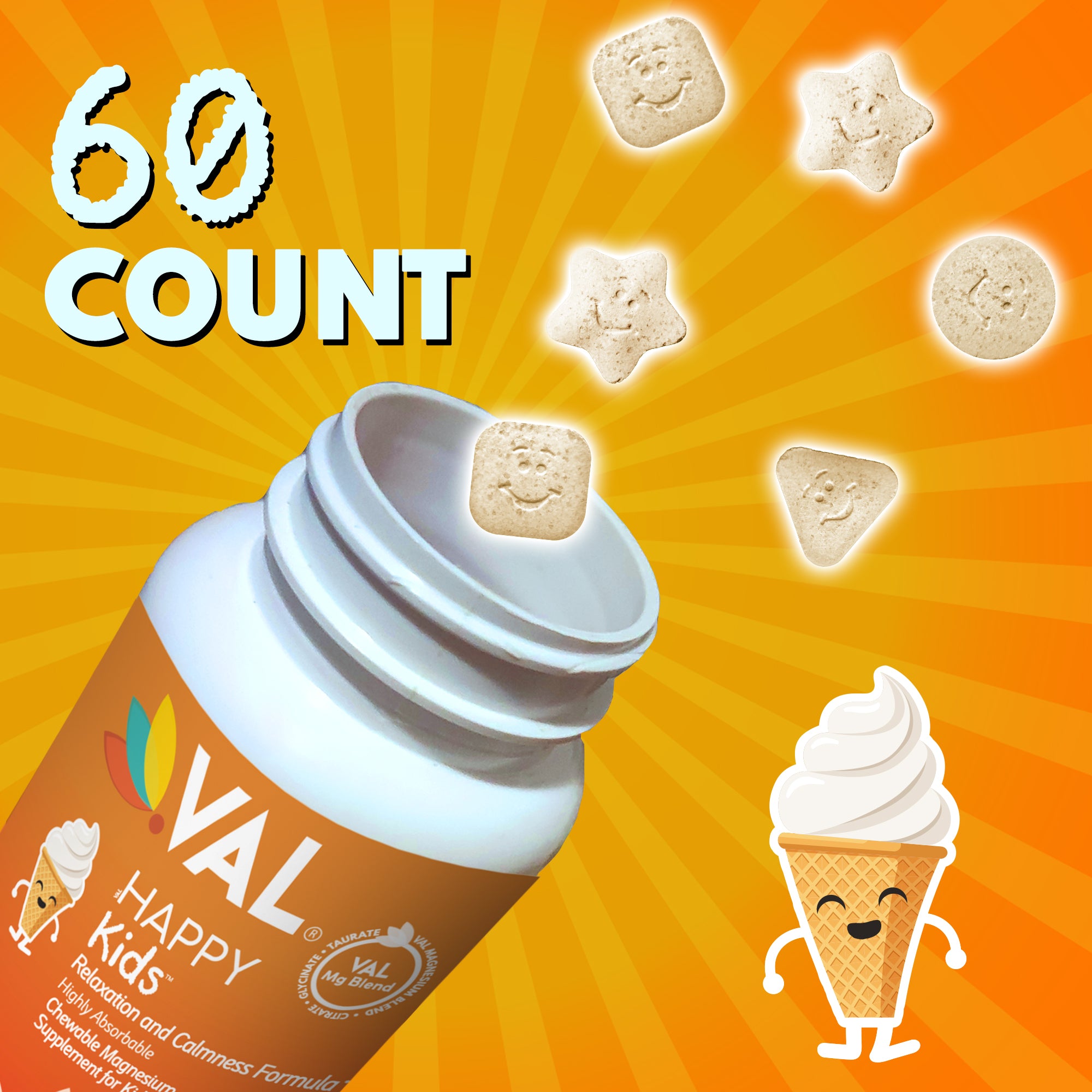VAL Happy Kids Chewable Magnesium for Kids - Vanilla Sundae Flavor Relaxation and Calm Formula - 60 Chewable Tablets