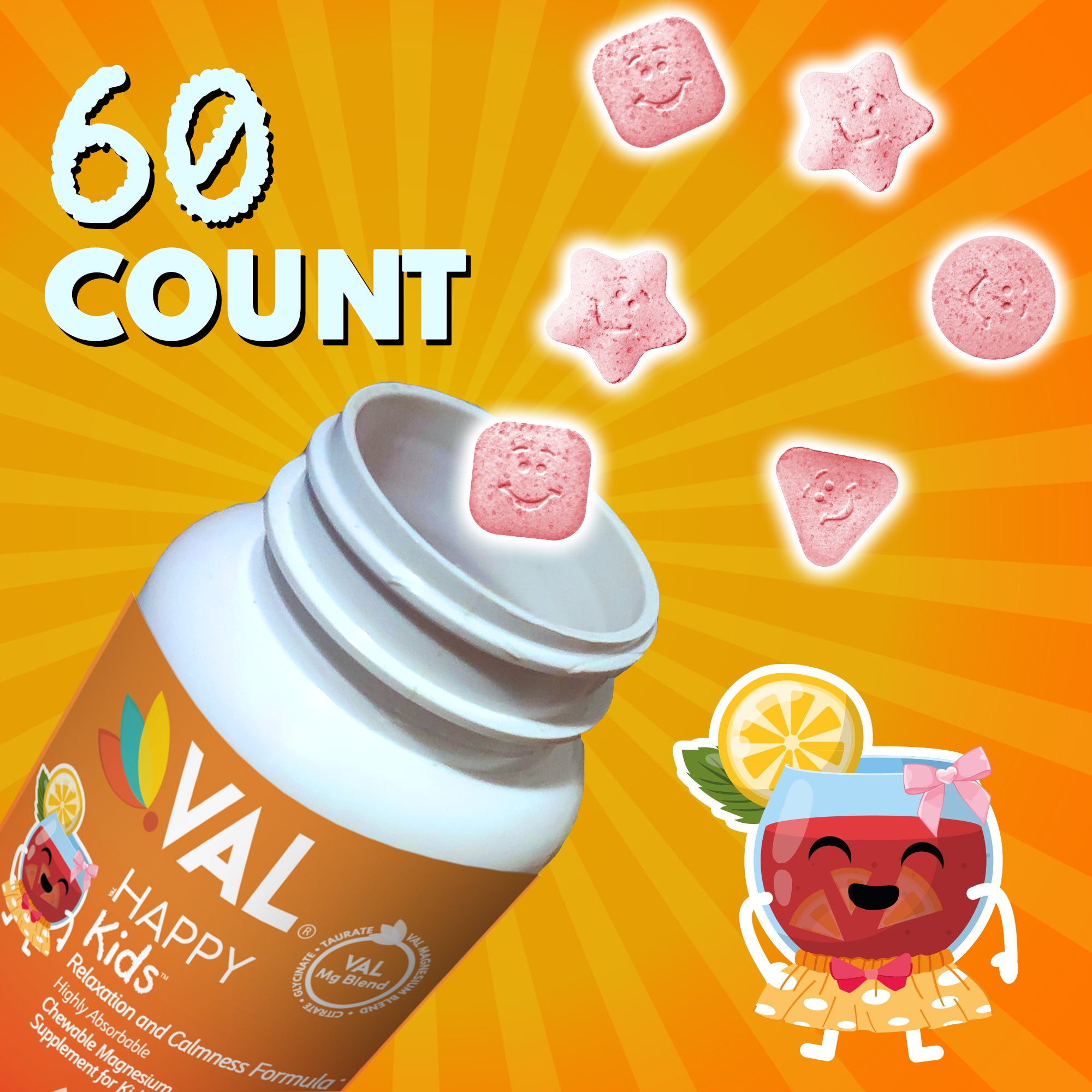 VAL Happy Kids Chewable Magnesium for Kids - Fruit Punch Flavor Relaxation and Calm Formula - 60 Chewable Tablets