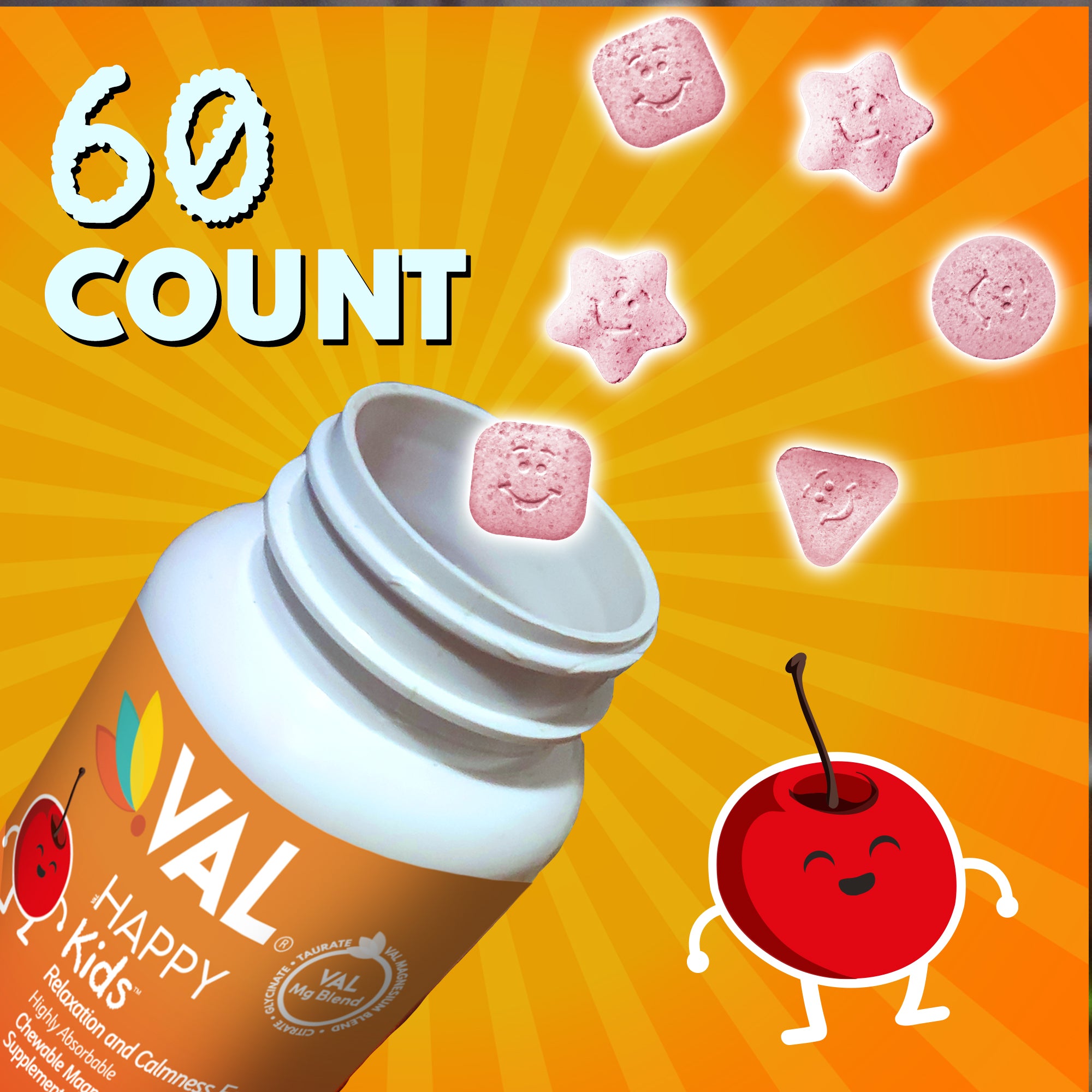 VAL Happy Kids Chewable Magnesium for Kids - Yummy Cherry Flavor Relaxation and Calm Formula - 60 Chewable Tablets
