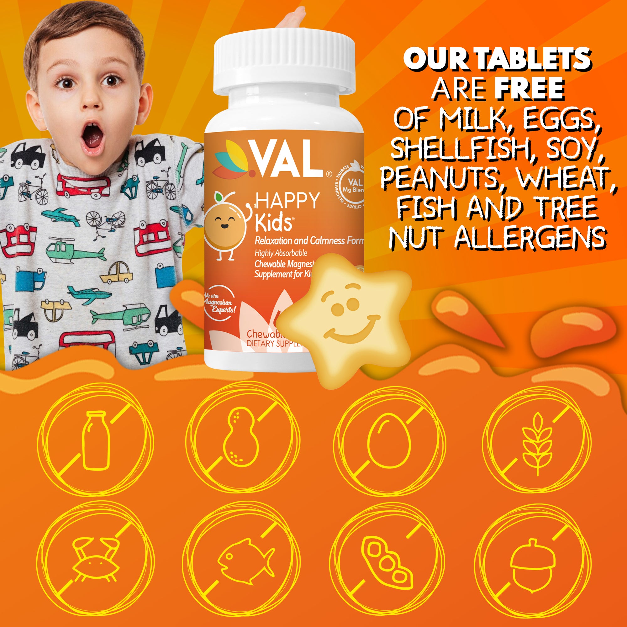 Calm, Focus & Relaxation Sugar-Free Chewable Magnesium for Kids | 60 Tablets | VAL Happy | Sour Orange