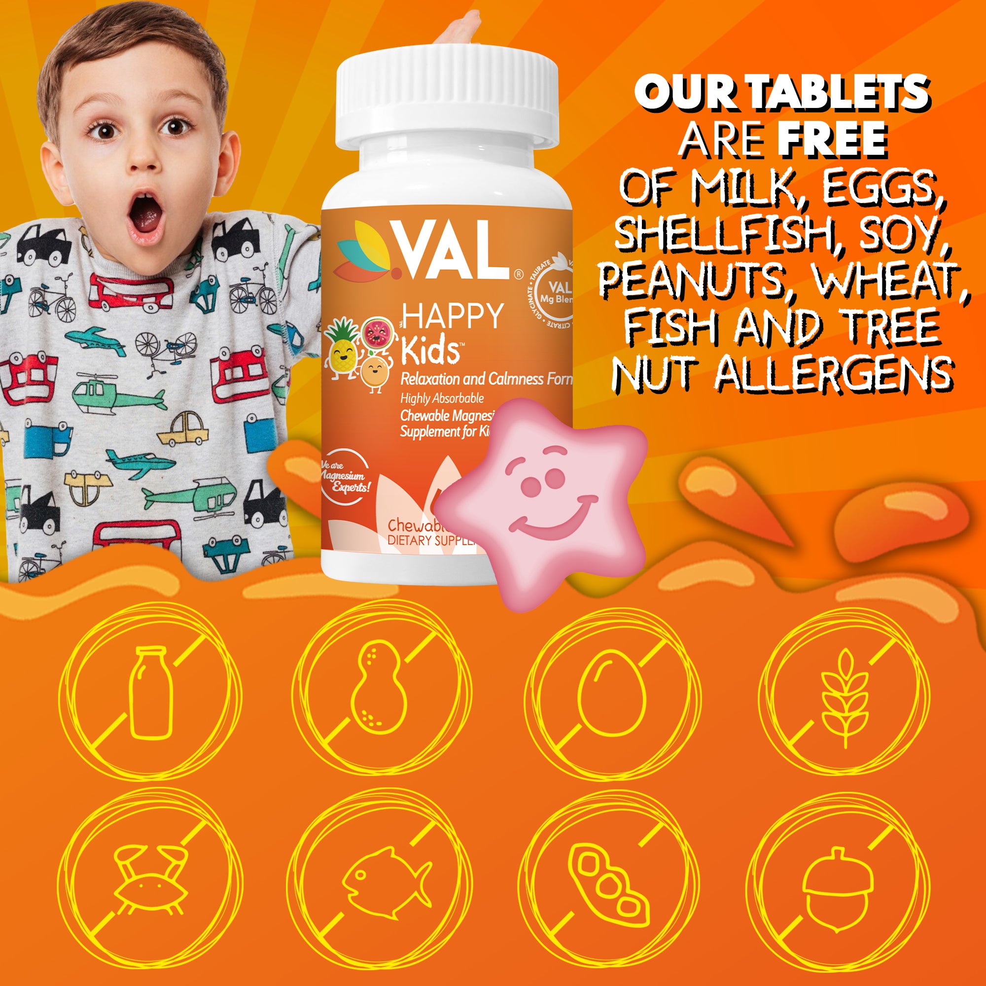 VAL Happy Kids Chewable Magnesium for Kids - Tropical Twist Delight Flavor Relaxation and Calm Formula - 60 Chewable Tablets