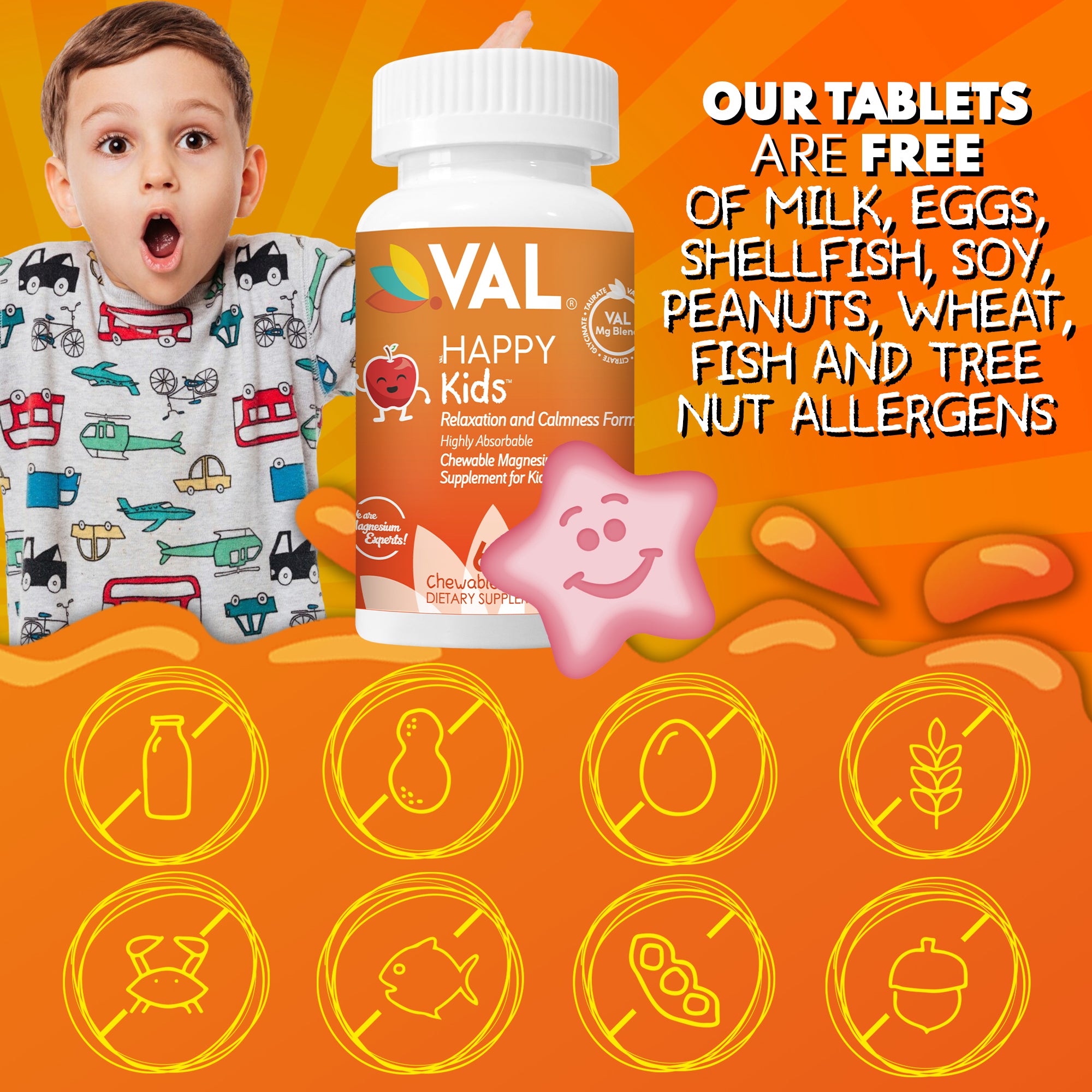 VAL Happy Kids Chewable Magnesium for Kids - Happy Apple Flavor Relaxation and Calm Formula - 60 Chewable Tablets