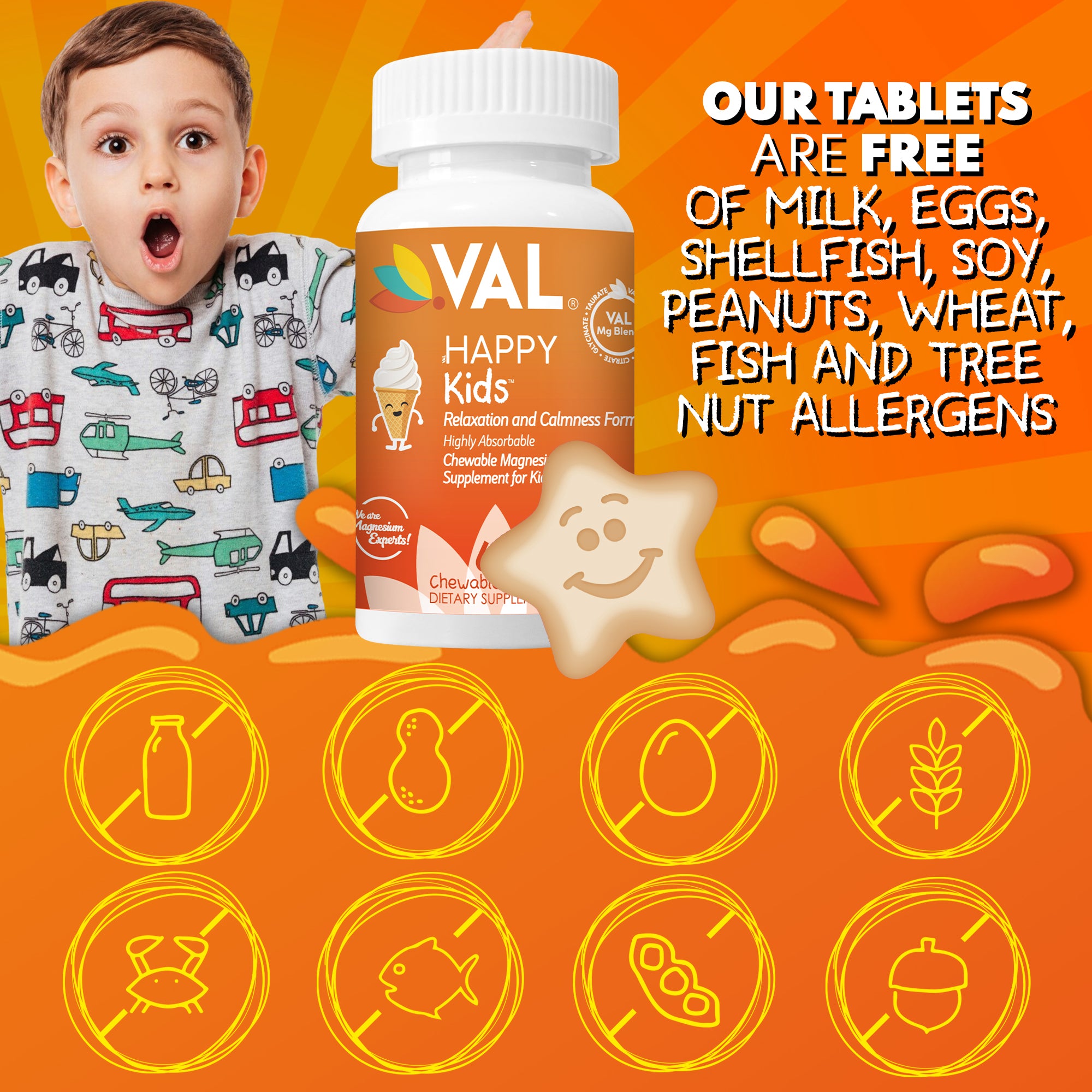 VAL Happy Kids Chewable Magnesium for Kids - Vanilla Sundae Flavor Relaxation and Calm Formula - 60 Chewable Tablets