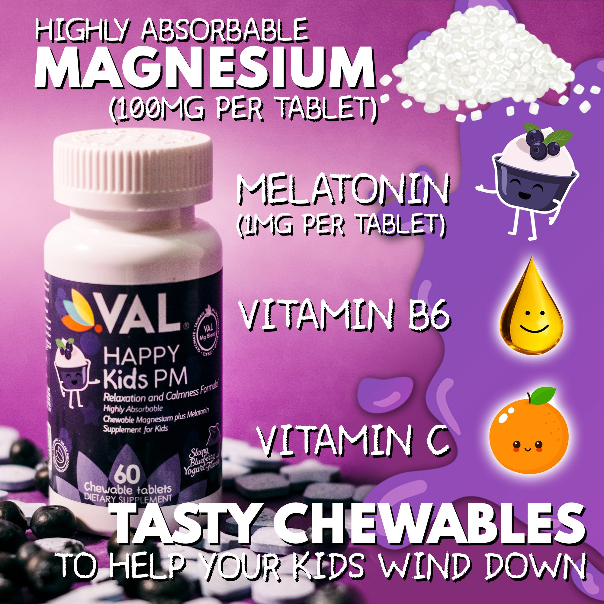 Peaceful Sleep & Bedtime Calm Sugar-Free Chewable – Magnesium + Melatonin, Vitamin B6 & C | 60 Tablets | VAL Happy Kids | Blueberry Yogurt.