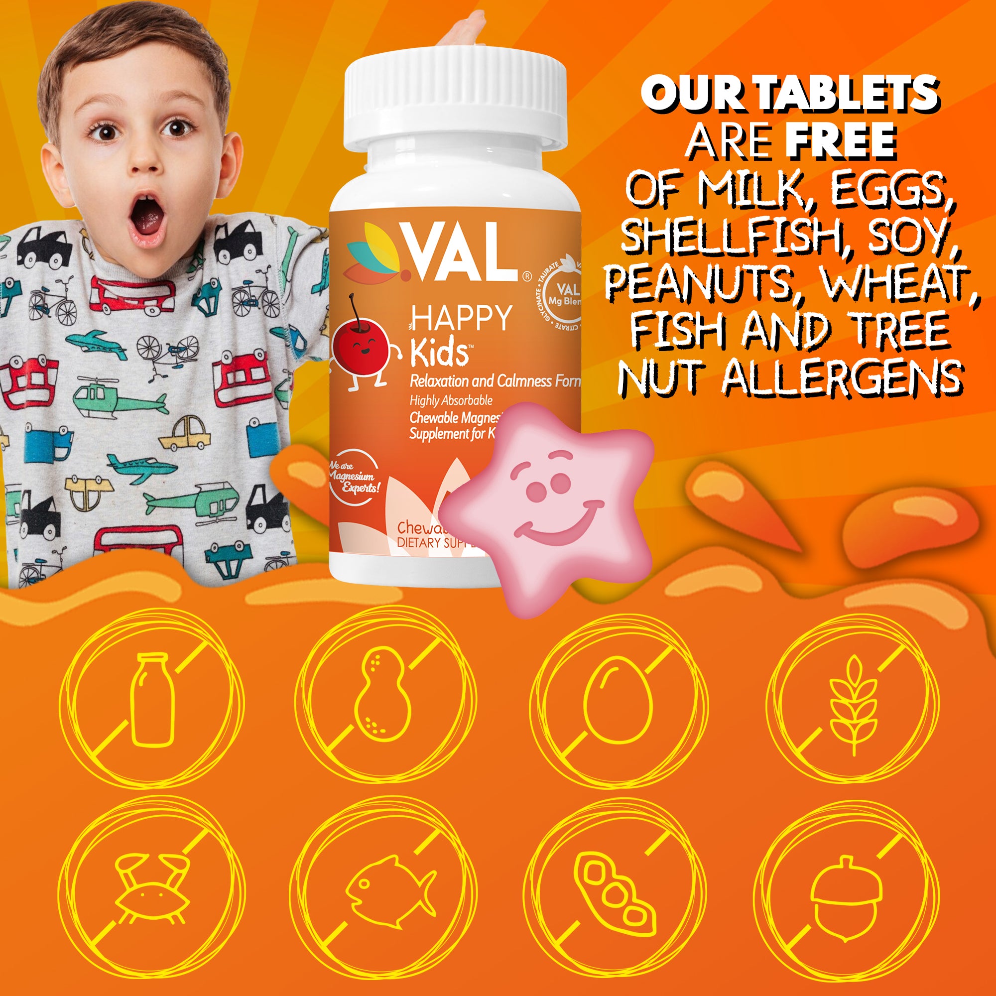 VAL Happy Kids Chewable Magnesium for Kids - Yummy Cherry Flavor Relaxation and Calm Formula - 60 Chewable Tablets