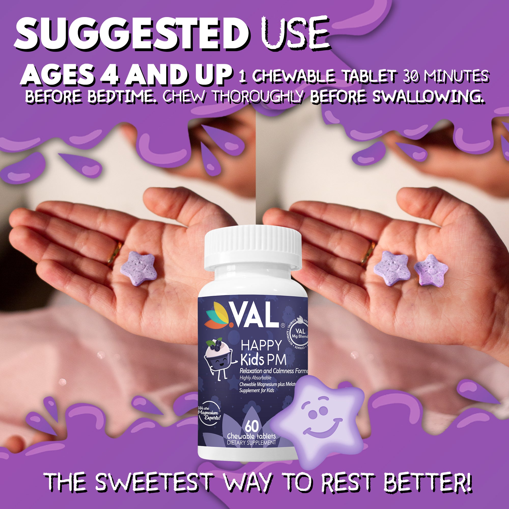 Peaceful Sleep & Bedtime Calm Sugar-Free Chewable – Magnesium + Melatonin, Vitamin B6 & C | 60 Tablets | VAL Happy Kids | Blueberry Yogurt.