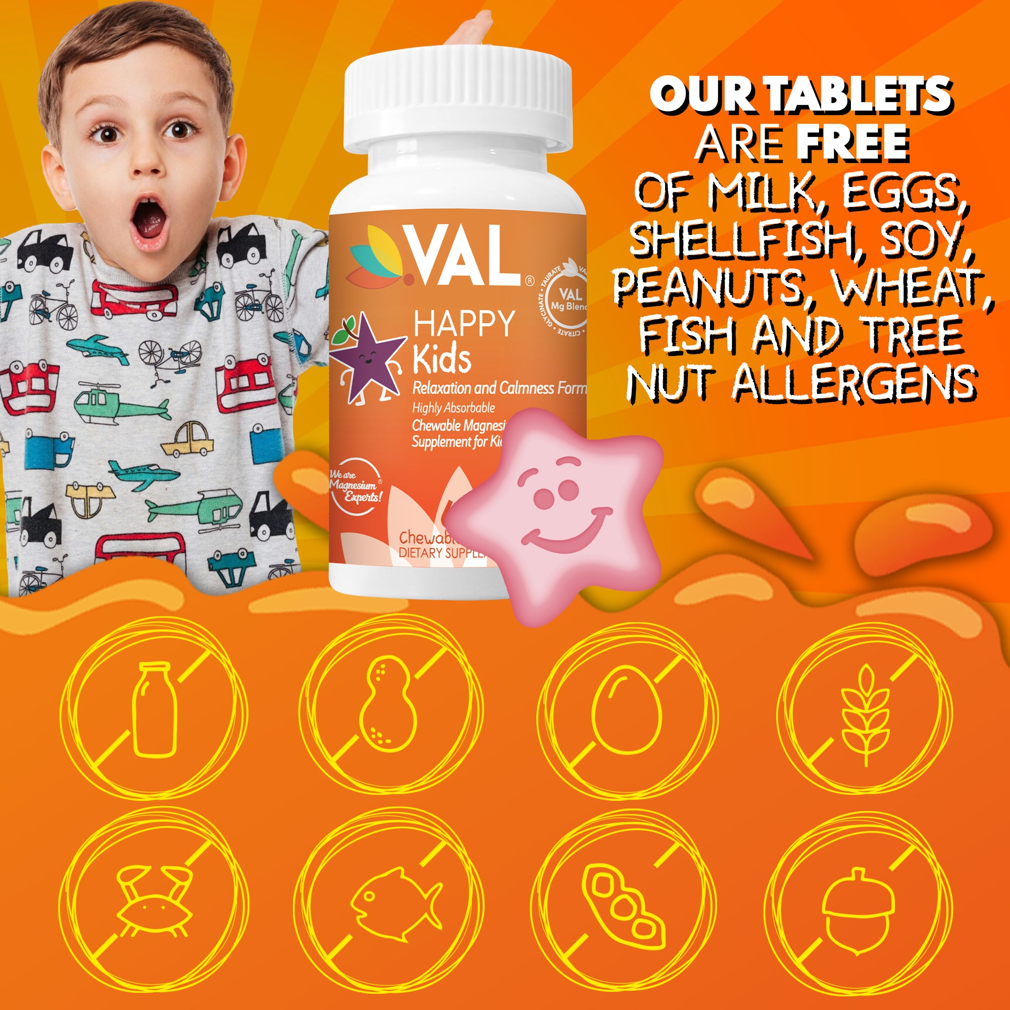 Calm, Focus & Relaxation Sugar-Free Chewable Magnesium for Kids | 60 Tablets | VAL Happy Kids | Star Grape