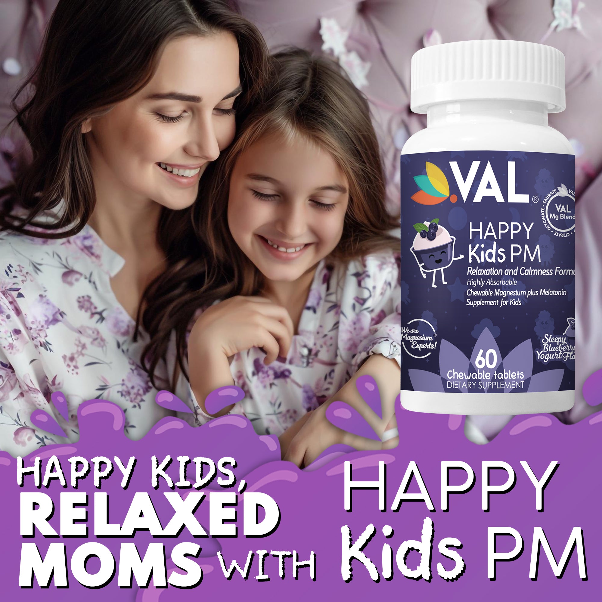 Peaceful Sleep & Bedtime Calm Sugar-Free Chewable – Magnesium + Melatonin, Vitamin B6 & C | 60 Tablets | VAL Happy Kids | Blueberry Yogurt.