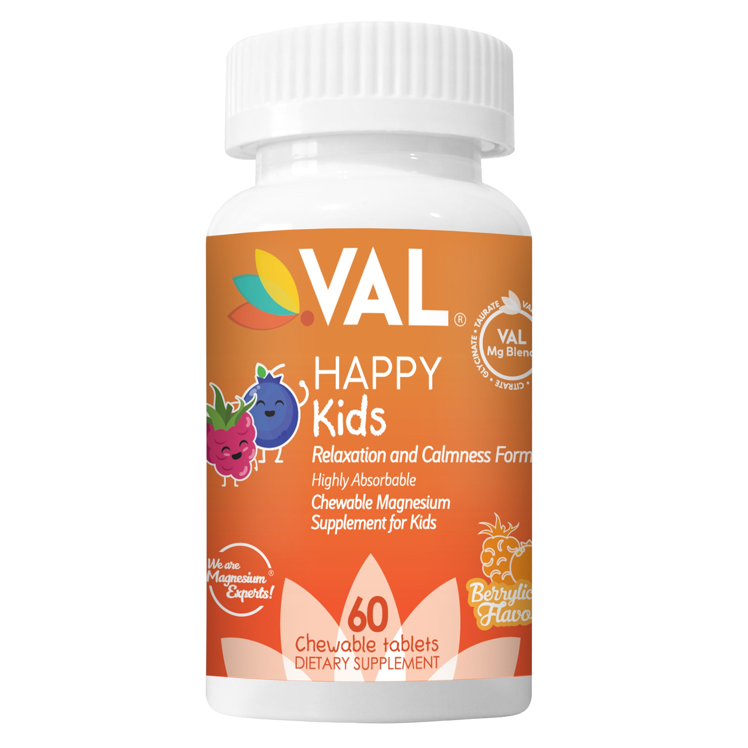 Calm, Focus & Relaxation Sugar-Free Chewable Magnesium for Kids | 60 Tablets | VAL Happy Kids | Berrylicious