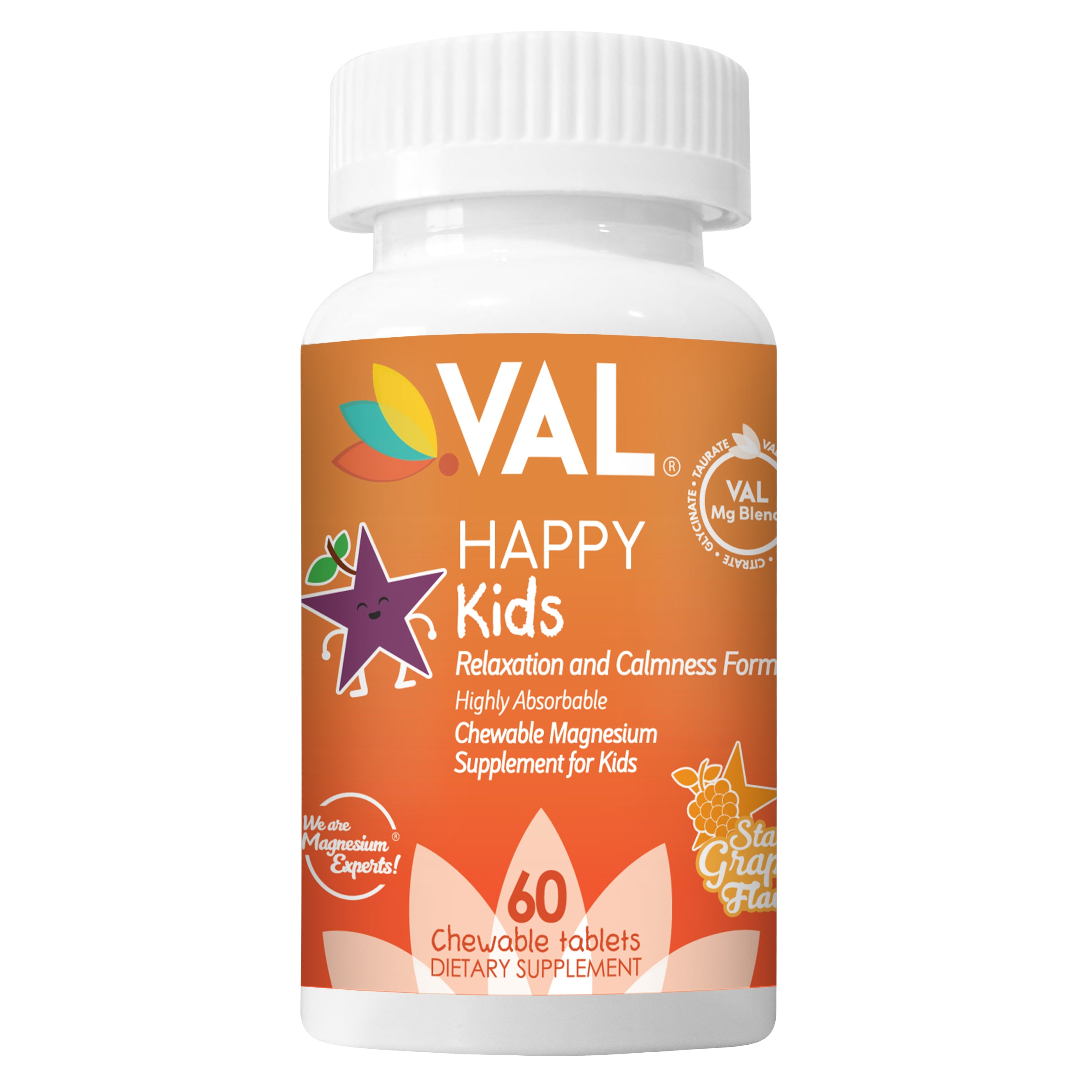 Calm, Focus & Relaxation Sugar-Free Chewable Magnesium for Kids | 60 Tablets | VAL Happy Kids | Star Grape