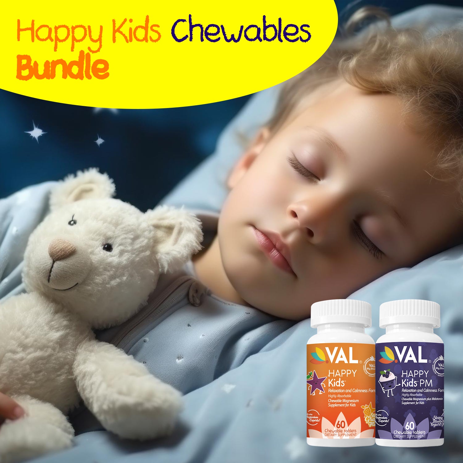 Dual Action | Focus + Sleep Support - Magnesium Day & Night Chewables for Kids | VAL Happy Kids