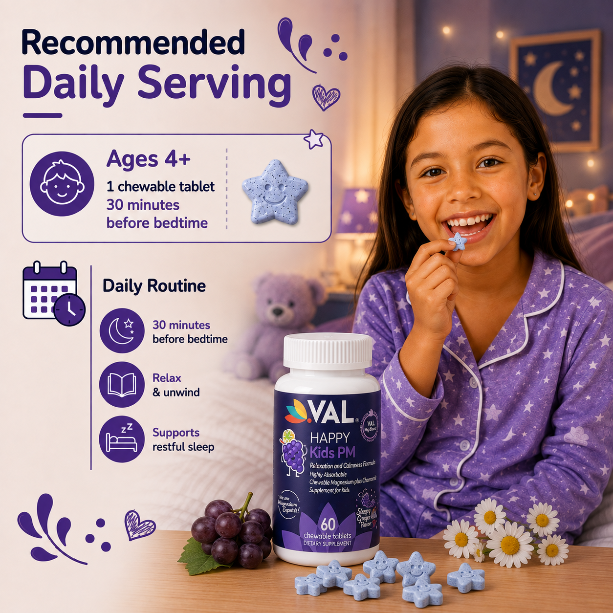 Peaceful Sleep & Bedtime Calm Sugar-Free Chewable – Magnesium + Chamomile | 60 Tablets | VAL Happy Kids