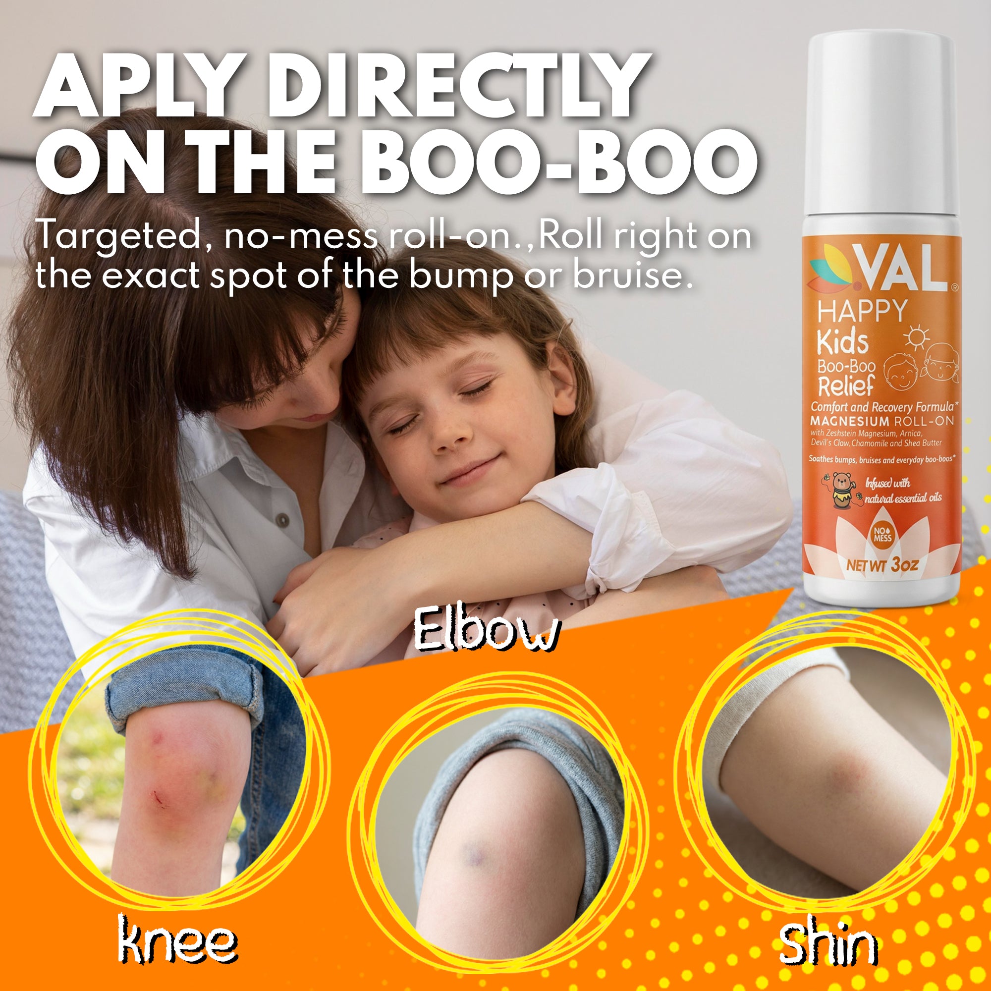 VAL Happy Kids Boo-Boo Relief Magnesium Roll-On for Kids, Zechstein® Magnesium with Arnica & Chamomile, Soothing Comfort Formula, Topical Roll-On, 3 oz