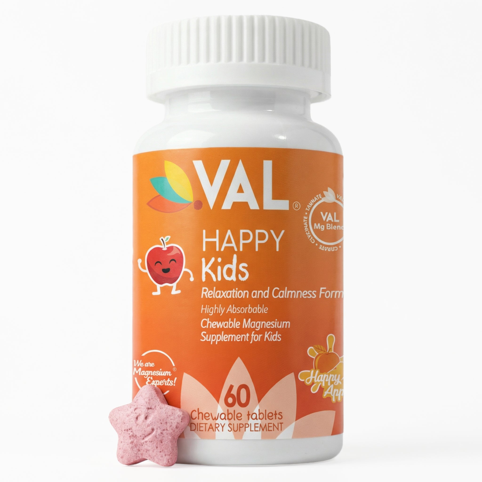 Calm, Focus & Relaxation Sugar-Free Chewable Magnesium for Kids | 60 Tablets | VAL Happy Kids | Apple