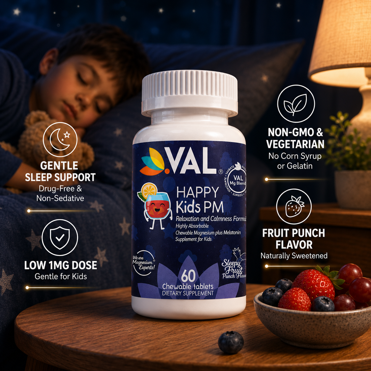 Peaceful Sleep & Bedtime Calm Sugar-Free Chewable – Magnesium + Melatonin, Vitamin B6 & C | 60 Tablets | VAL Happy Kids | Fruit Punch