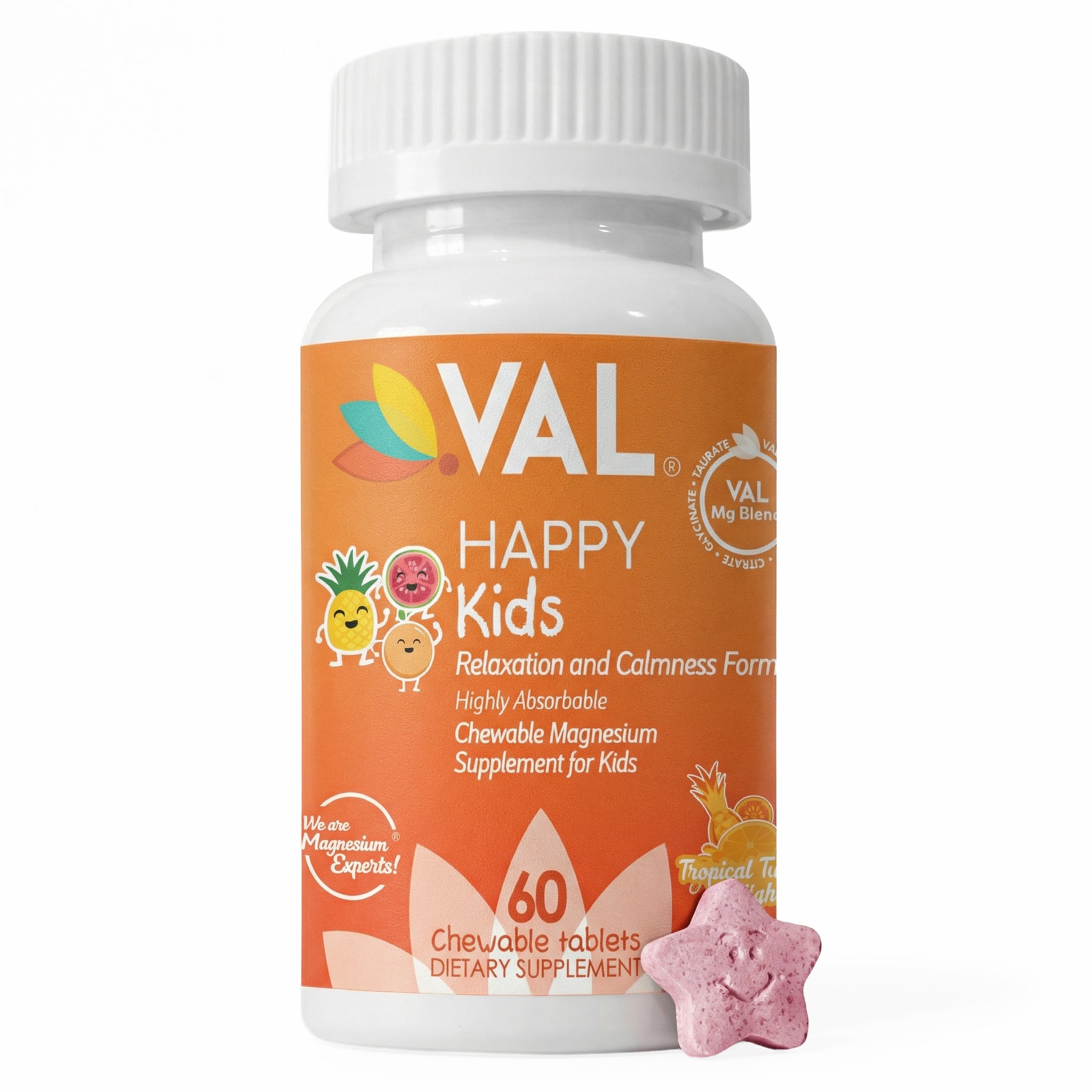 Calm, Focus & Relaxation Sugar-Free Chewable Magnesium for Kids | 60 Tablets | VAL Happy Kids | Tropical Twist