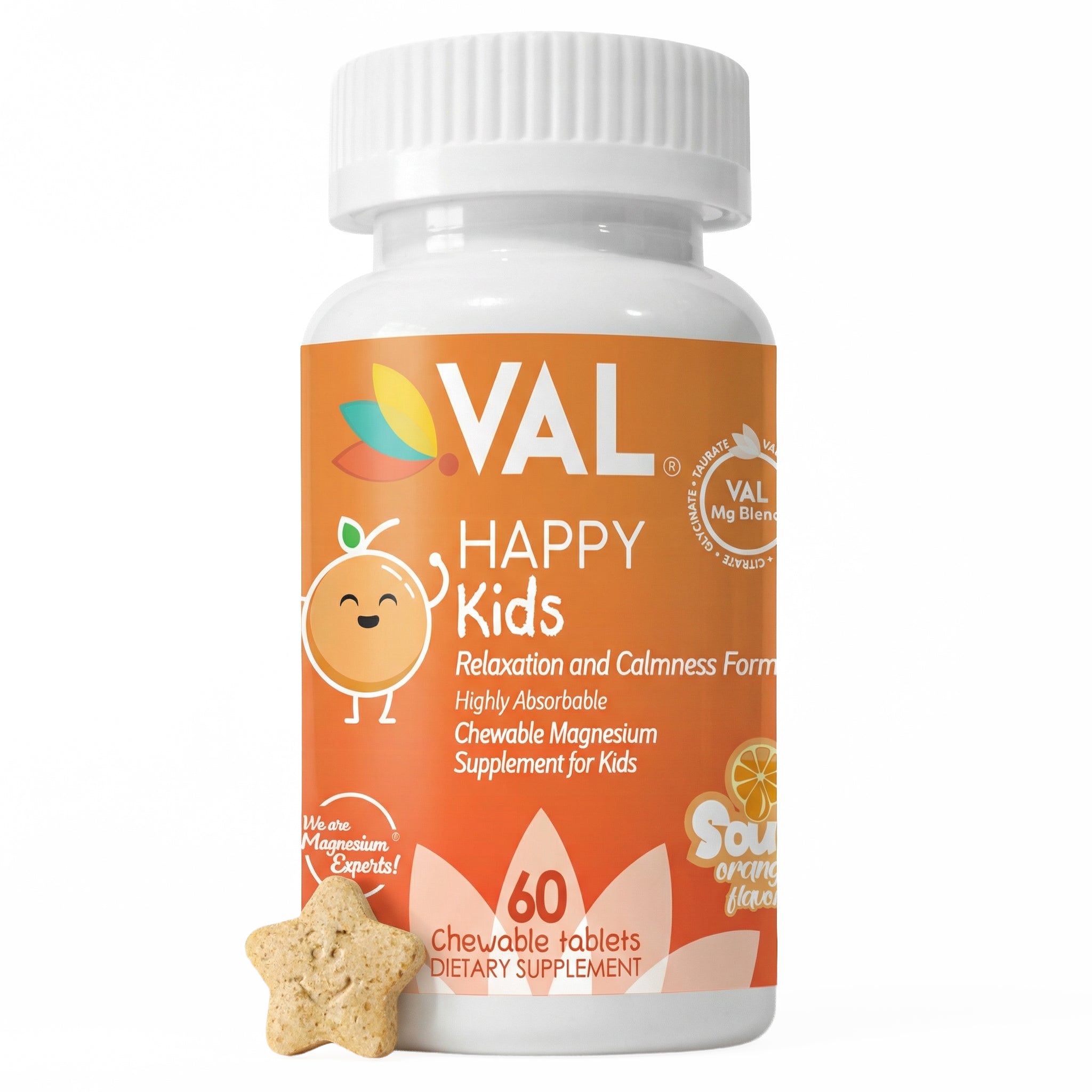 Calm, Focus & Relaxation Sugar-Free Chewable Magnesium for Kids | 60 Tablets | VAL Happy | Sour Orange