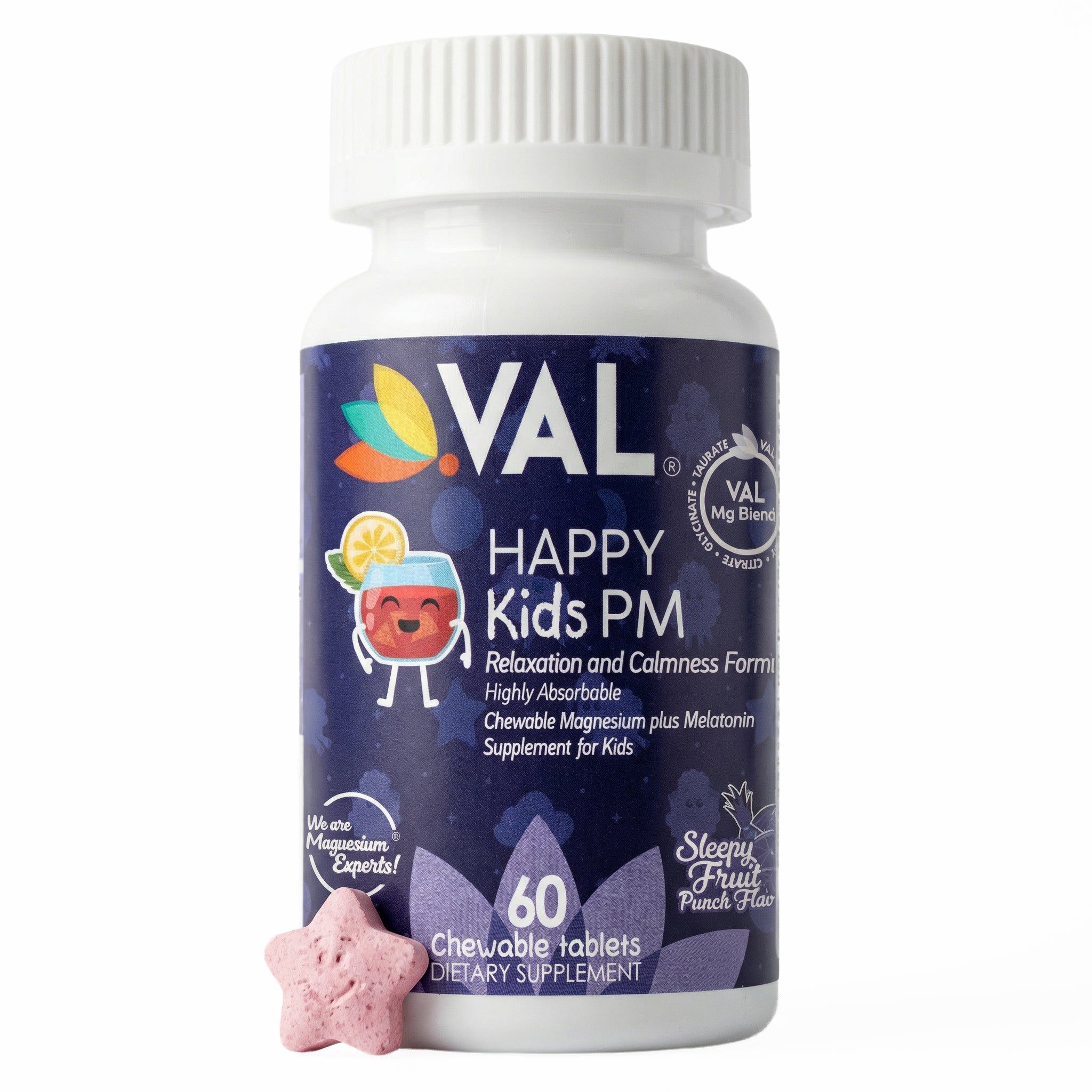 Peaceful Sleep & Bedtime Calm Sugar-Free Chewable – Magnesium + Melatonin, Vitamin B6 & C | 60 Tablets | VAL Happy Kids | Fruit Punch