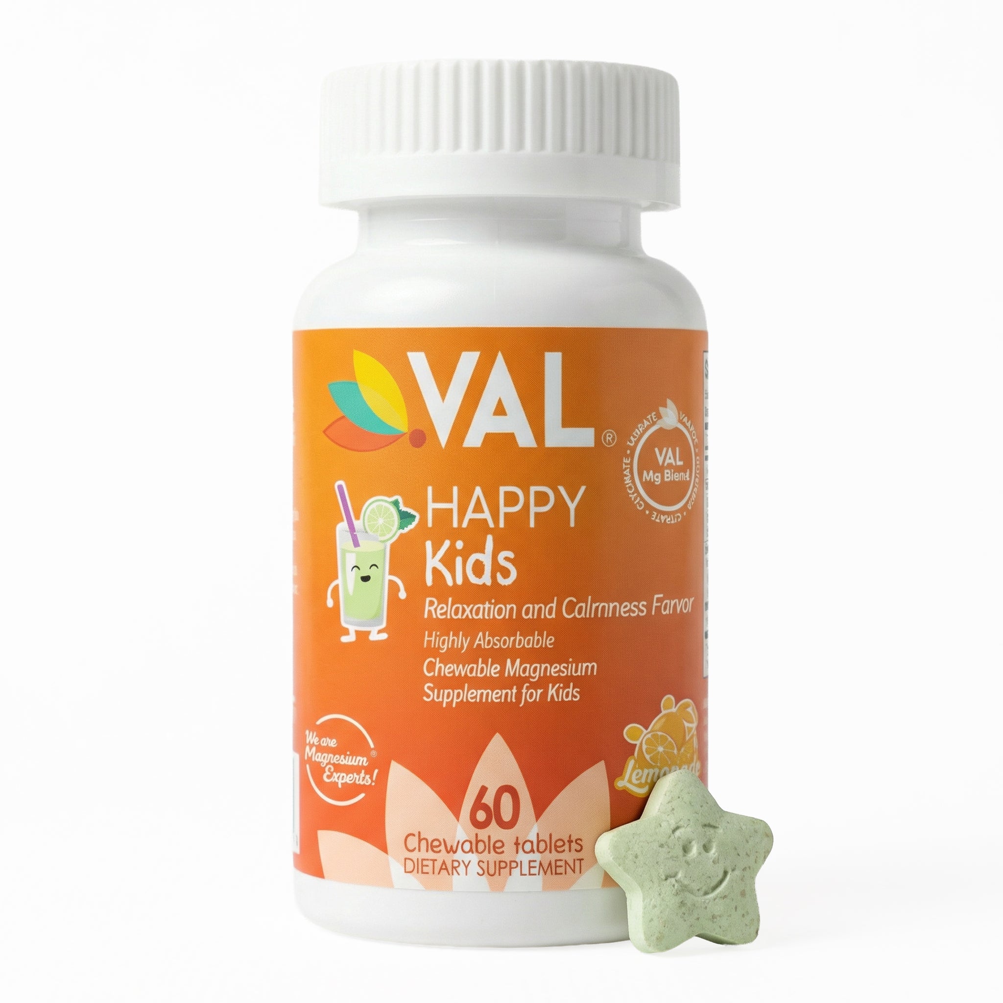 Calm, Focus & Relaxation Sugar-Free Chewable Magnesium for Kids | 60 Tablets | VAL Happy Kids | Lemonade