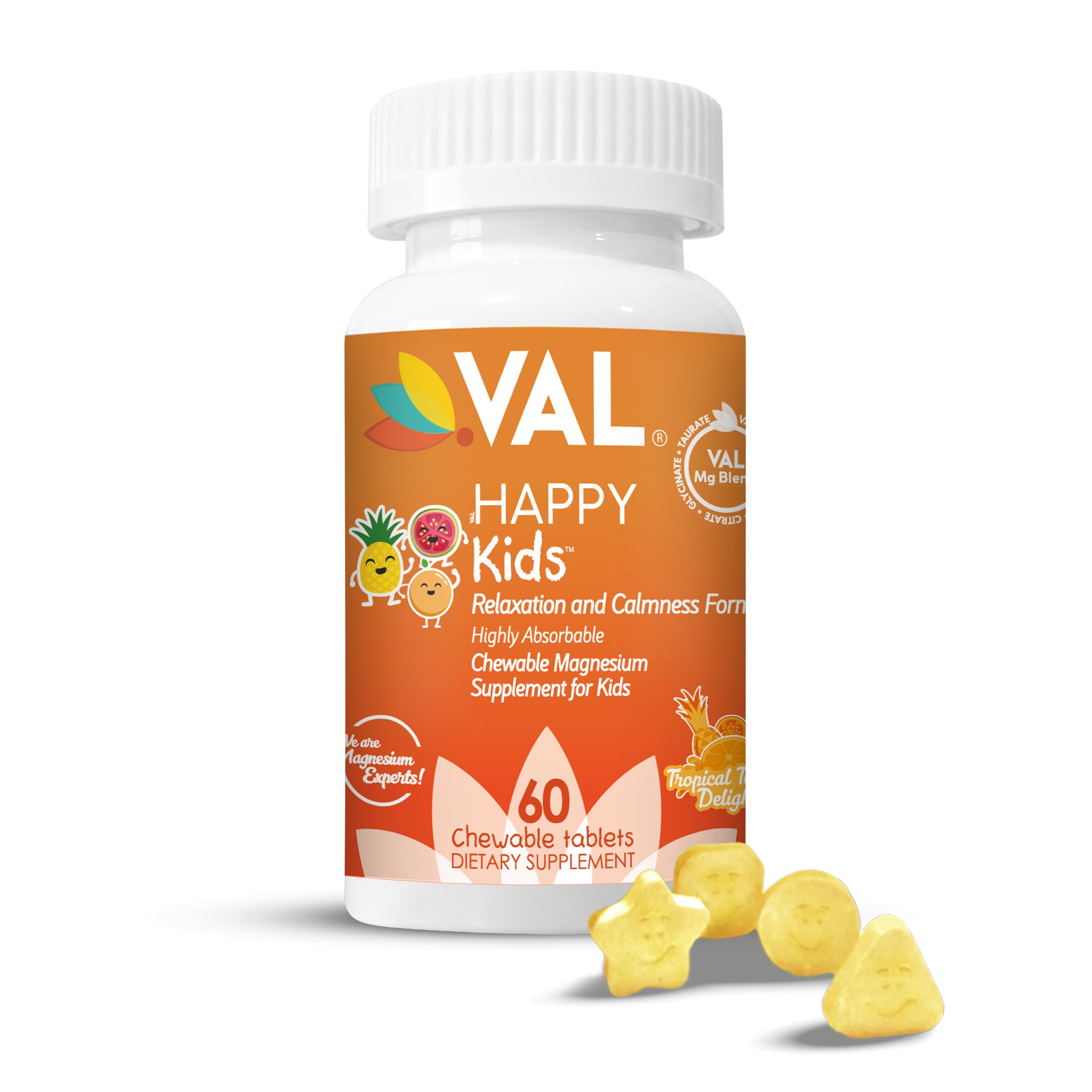 VAL Happy Kids Chewable Magnesium for Kids - Tropical Twist Delight Flavor Relaxation and Calm Formula - 60 Chewable Tablets