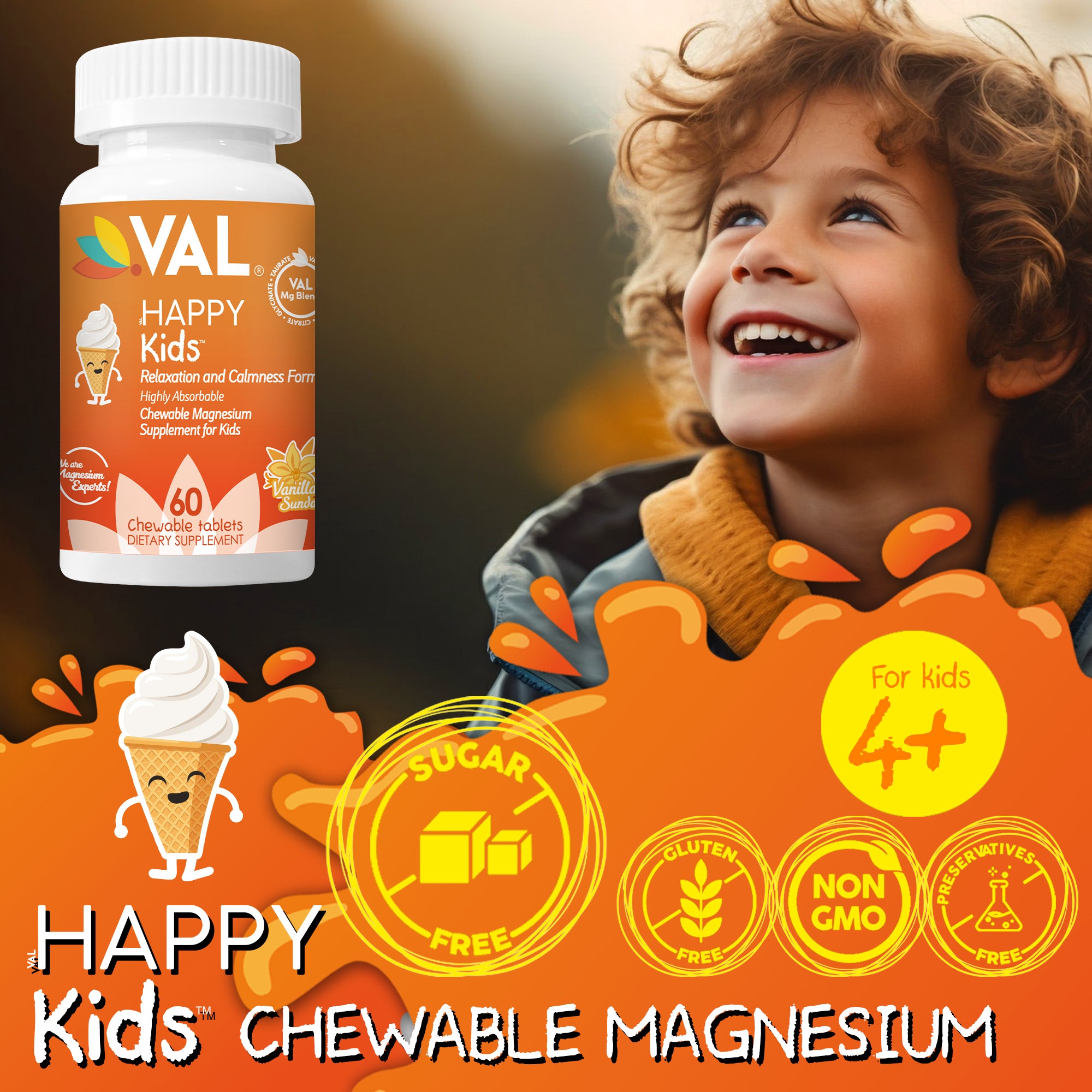 VAL Happy Kids Chewable Magnesium for Kids - Vanilla Sundae Flavor Relaxation and Calm Formula - 60 Chewable Tablets