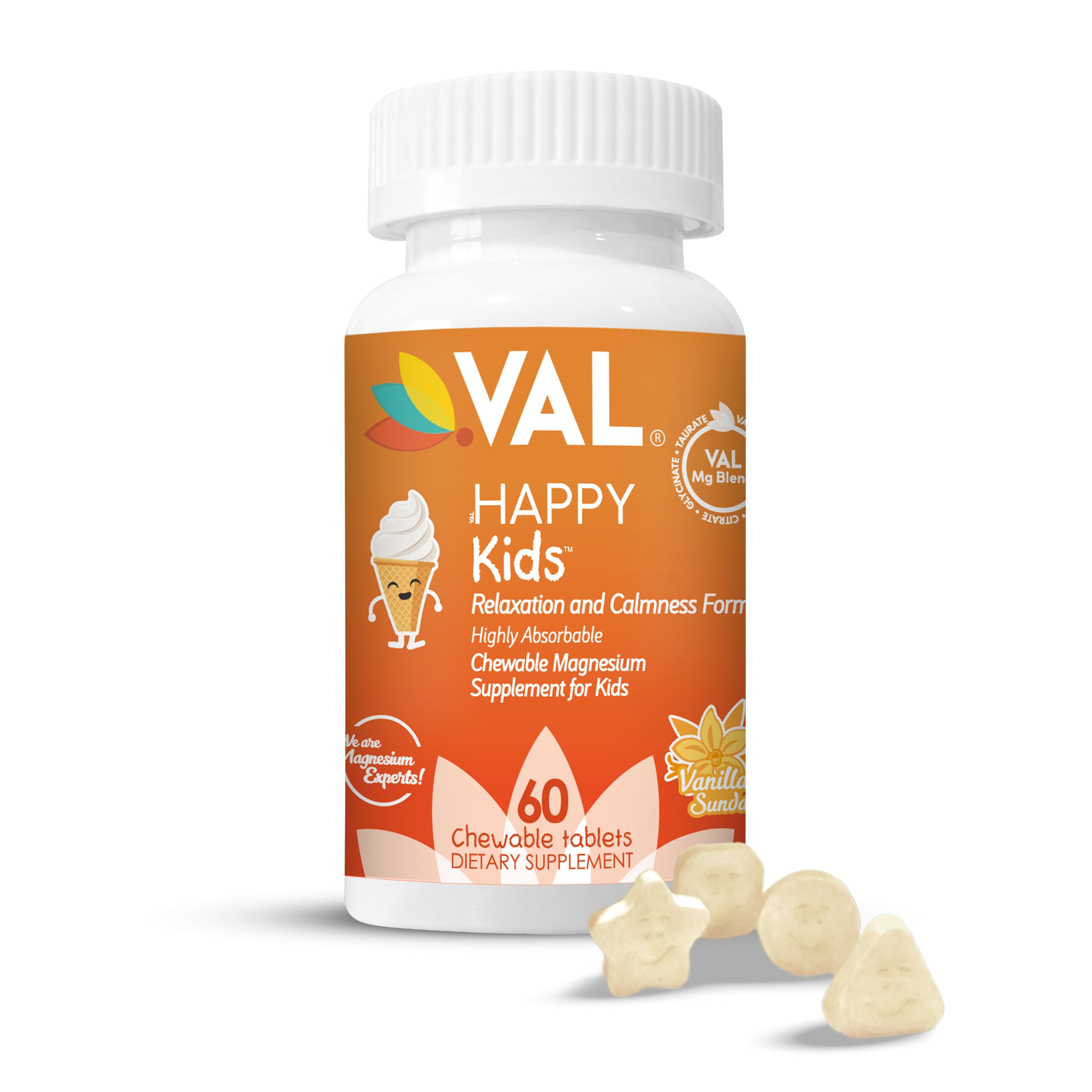 VAL Happy Kids Chewable Magnesium for Kids - Vanilla Sundae Flavor Relaxation and Calm Formula - 60 Chewable Tablets
