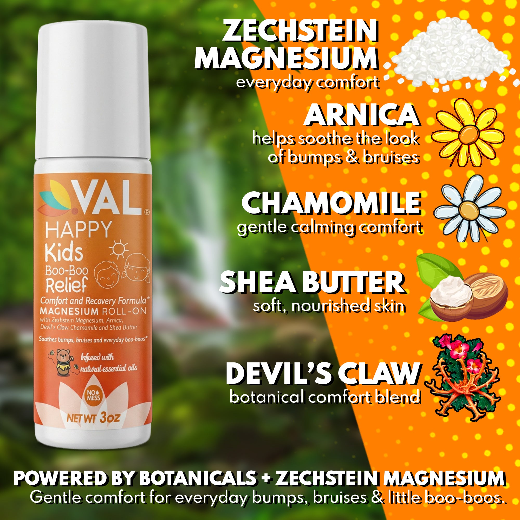 VAL Happy Kids Boo-Boo Relief Magnesium Roll-On for Kids, Zechstein® Magnesium with Arnica & Chamomile, Soothing Comfort Formula, Topical Roll-On, 3 oz
